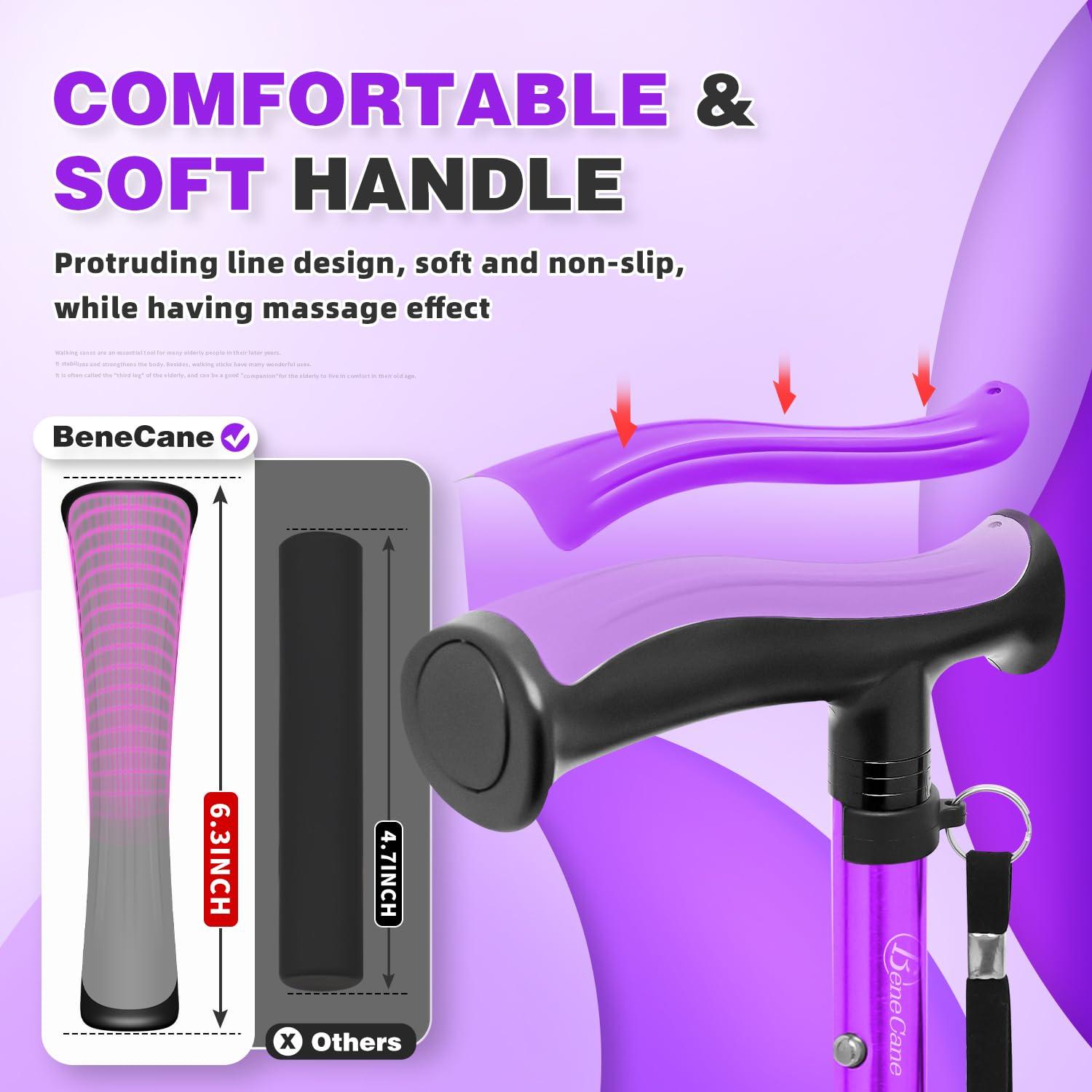 BeneCane BeneCane Walking Cane for Men & Women Walking Stick for Seniors Folding Canes Quad Cane Adjustable Lightweight Sturdy Free Standing Collapsible Heavy Duty with Soft TPR T-Handle and Travel Bag Purple