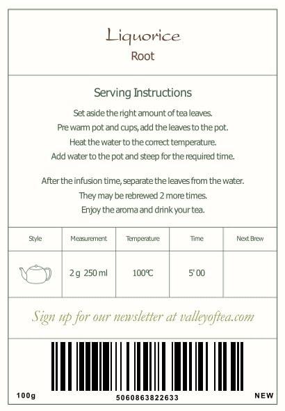 Valley of Tea Liquorice Organic Herbal Root Licorice - Great Flavouring for Dishes - 100g