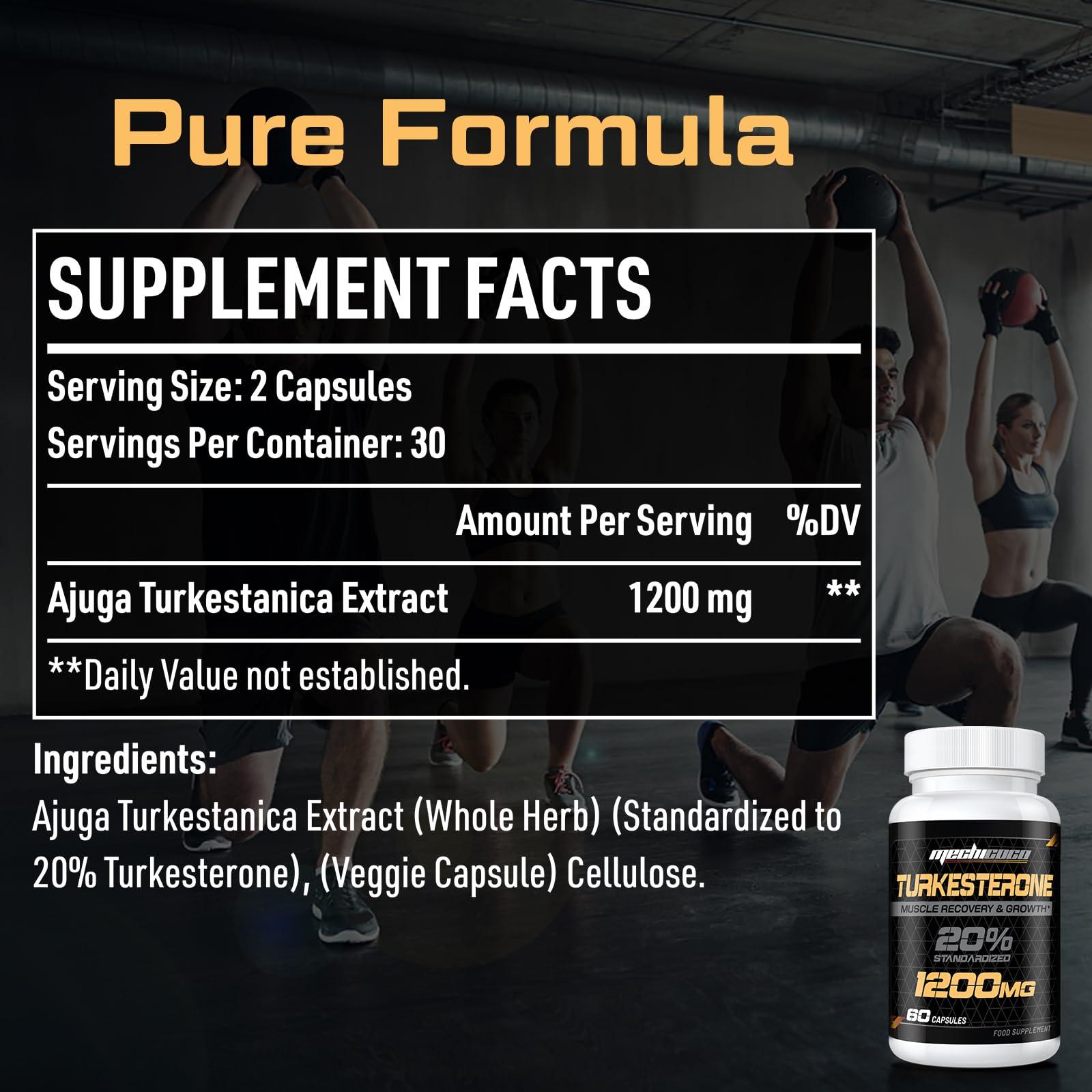 Mechicoco Turkesterone Supplement 1200mg Ajuga Turkestanica Extract (4 Packages)- High Strength, Standardized to 20% Turkesterone, Muscle Growth & Strength - Vegan, Free from Soy, Additives