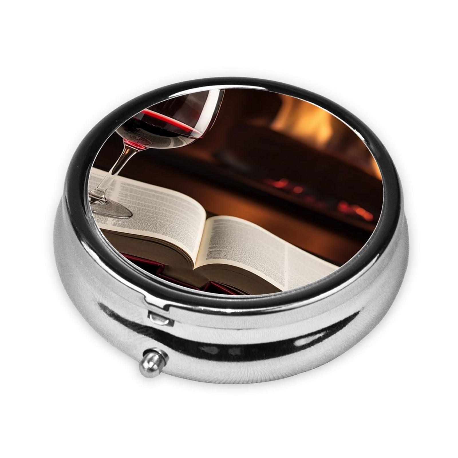 KHiry KHiry Round Pill Box Pill Case Weekly Pill Organizer with 3 Compartments Red Wine Book Pillbox Small Pill Container Portable Vitamin Holder Boxes for Supplements Medicine Organizer for Pill