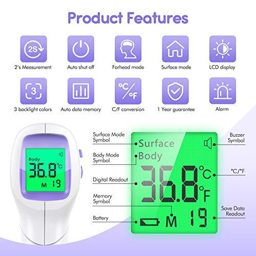 KKmier Thermometer for Adults, KKmier Digital Forehead Thermometers, Non Contact Infrared Temperature Checker for Adults Children Baby, Thermometer Gun with Fever Alarm, 2s Readings, 99 Measurement Memory