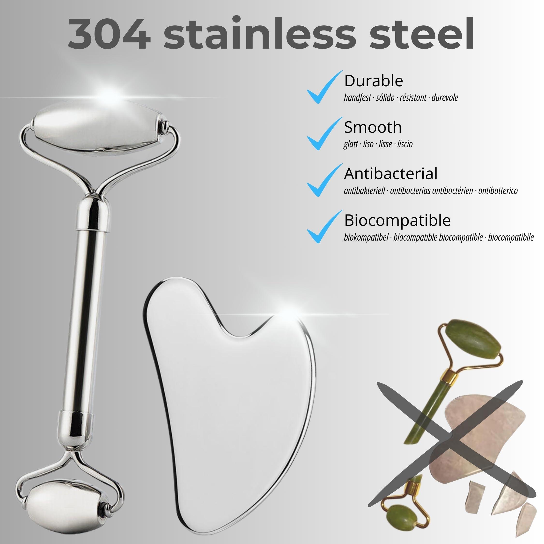 SV life Facial Roller + Gua Sha Stone Set 304 Stainless Steel | Metal Tools Kit for Body Massage, Face, Eyes, Chin, Back, Cellulite Legs | GuaSha Cold Effect Roller