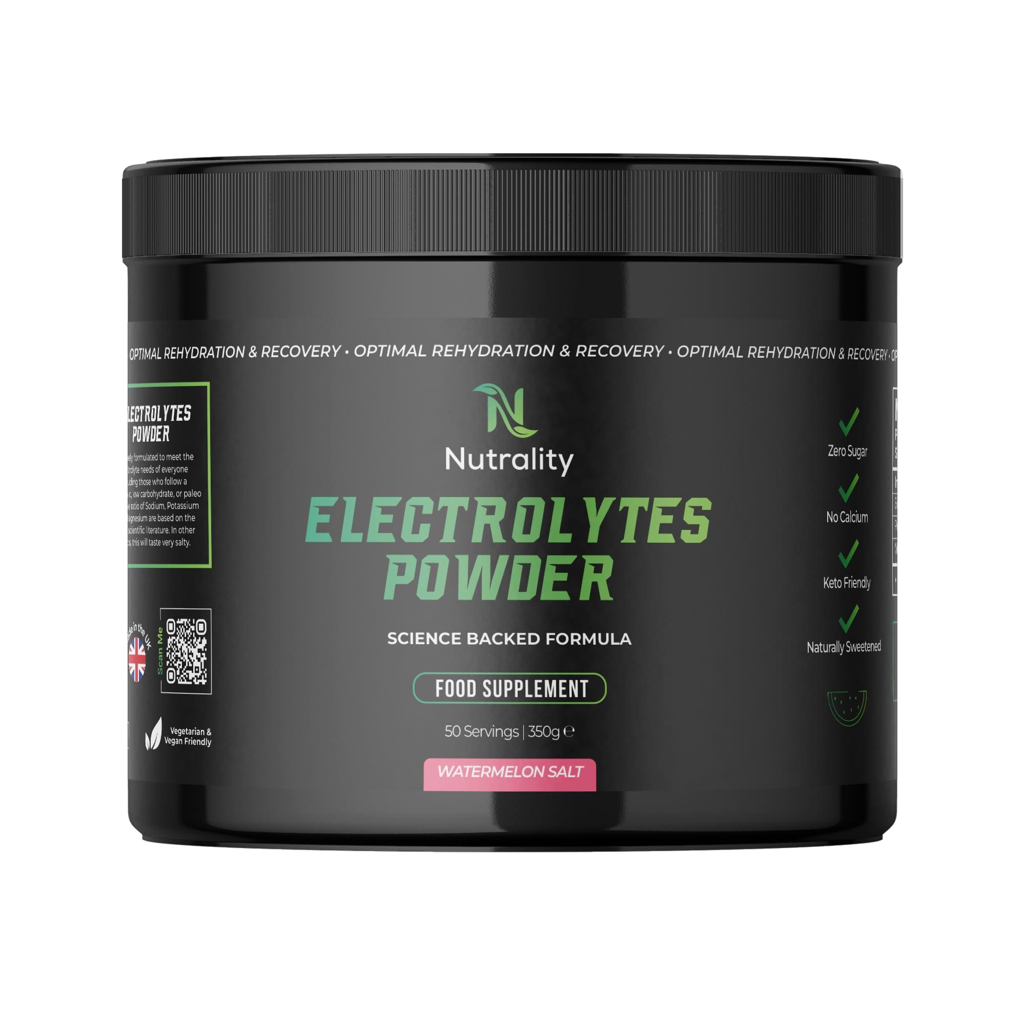 Nutrality Nutrality Electrolytes Powder 350g | Vegan | Sugar, Calcium & Artificial Flavour Free | Keto Electrolytes, Paleo Hydration | 1000mg Sodium, 200mg Potassium & 60mg Magnesium | 50 Servings | Watermelon