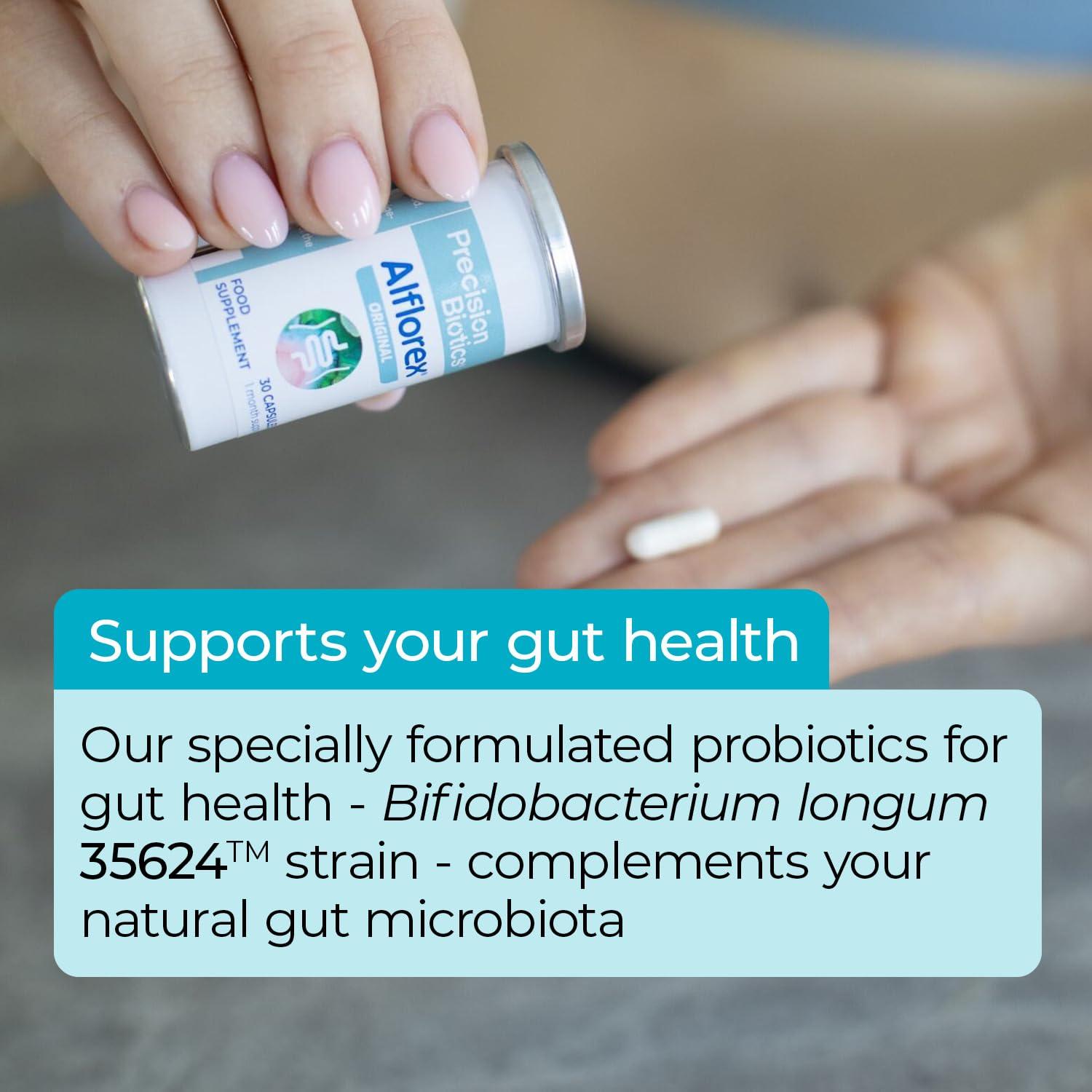 PrecisionBiotics Alflorex Original - Daily Gut Health Probiotics Supplement with Unique Bifidobacterium Longum Bacteria Strain 35624 - Bacterial Cultures - 30 Capsules