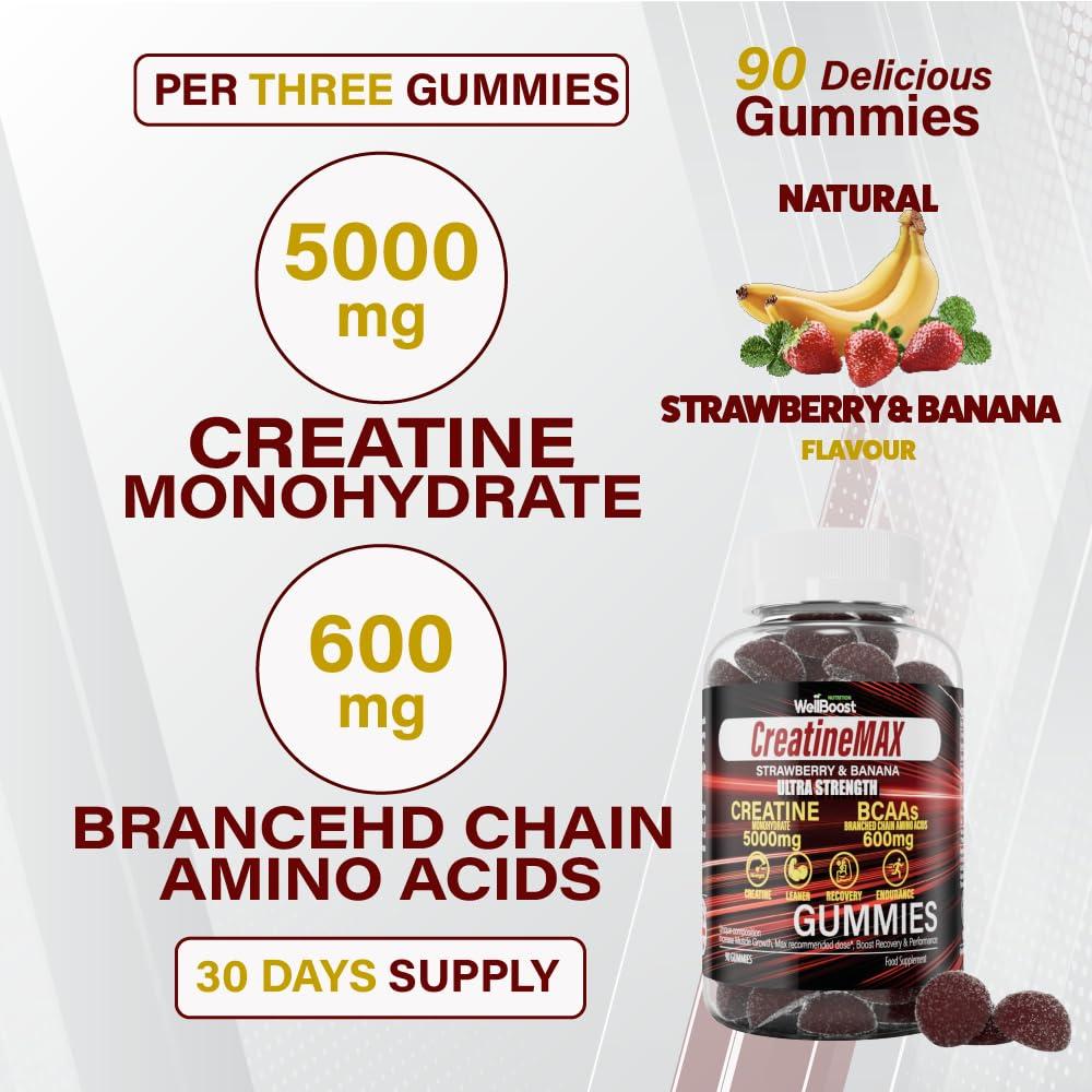 WellBoost WellBoost Creatine MAX Gummies - 5000mg Creatine Monohydrate & 600mg BCAAs per Serving - Vegan, Sugar-Free Chewable Gummies with Strawberry & Banana Flavour - 90 Gummies (1 Month Supply)