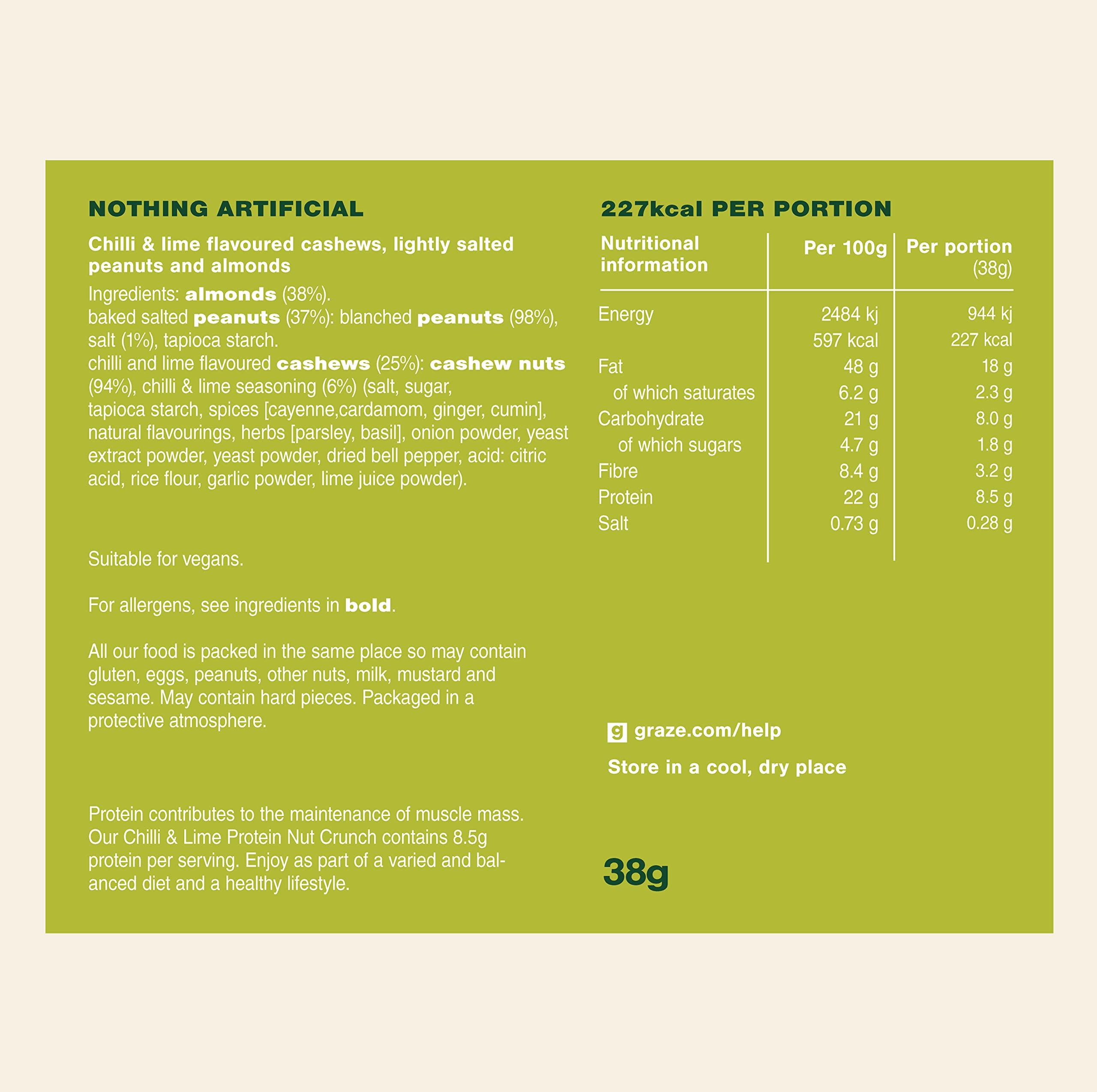GRAZE Graze Punchy Chilli and Lime Nutty Protein Power - Vegan Snacks, Low calorie snacks - Natural Flavours - Packaging may vary - (9 x 38g Snacks)