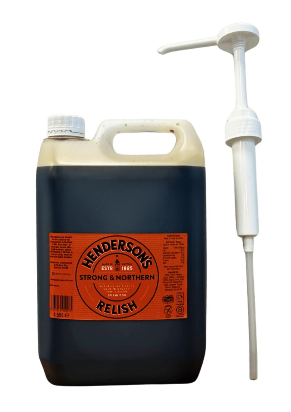 Henderson's Relish Henderson's Relish. An alternative to Worcestershire Sauce. Gluten Free Sauce. Plant Based Ingredients. Suitable for Vegans. 4.55 Litre with FREE PUMP DISPENSER