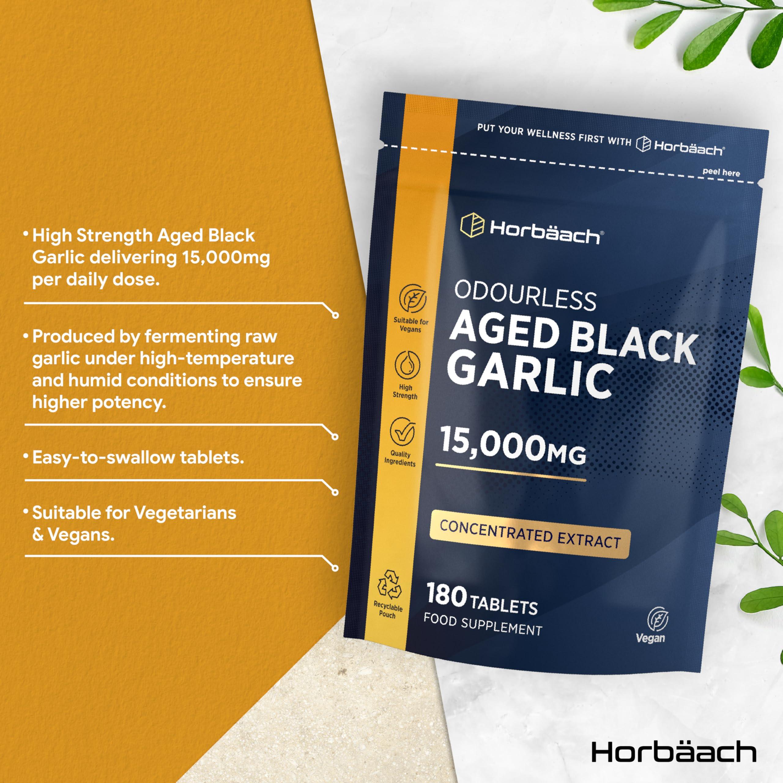 Horbach Black Garlic Tablets 15000mg | 180 Count | High Strength Odourless Concentrated Garlic Extract | Aged Black Garlic Vegan Supplement | by Horbaach