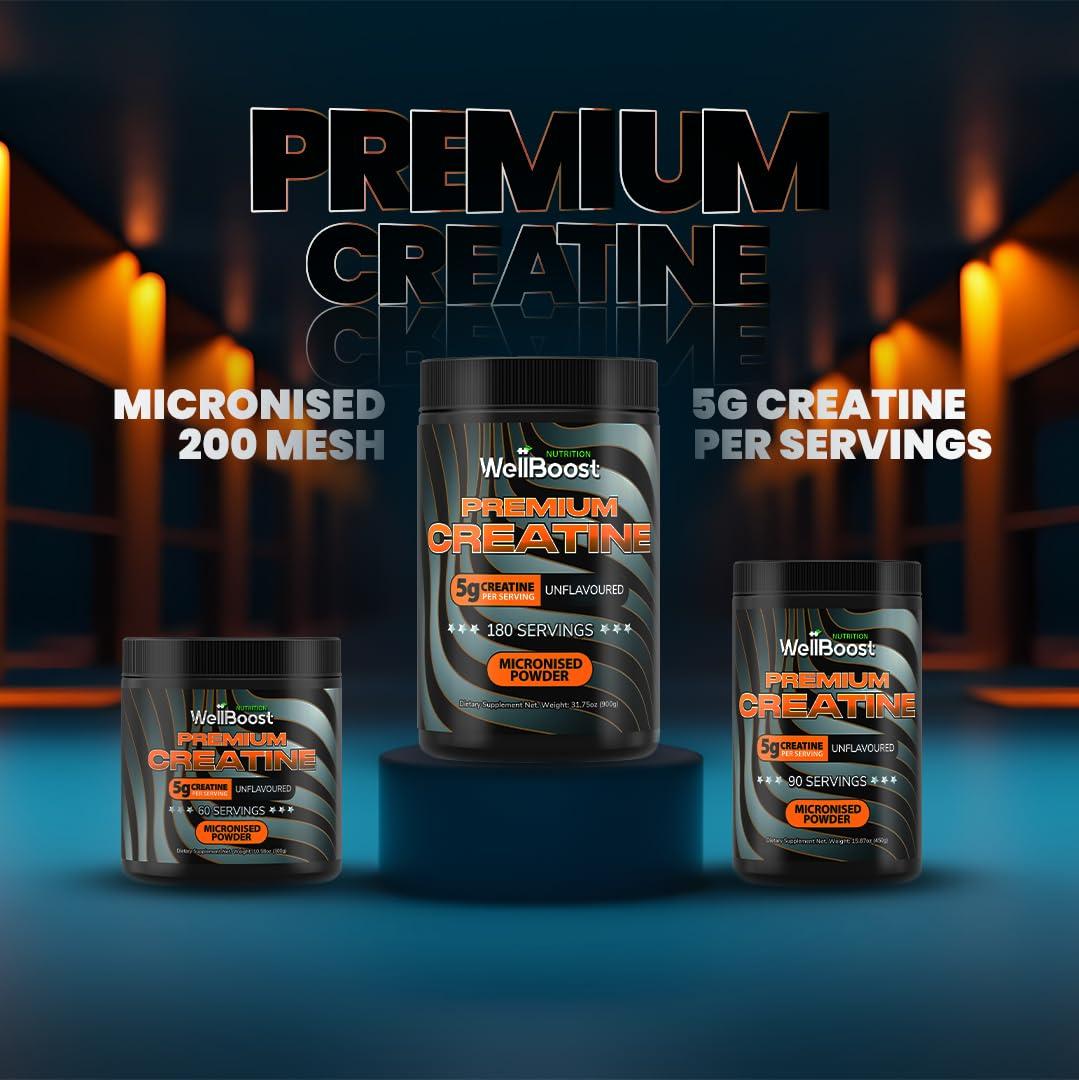 WellBoost WellBoost Nutrition Micronised Creatine Powder, 900g 100% Pure Creatine Monohydrate Powder for Performance and Muscle Power, Unflavoured Shake (180 Servings)