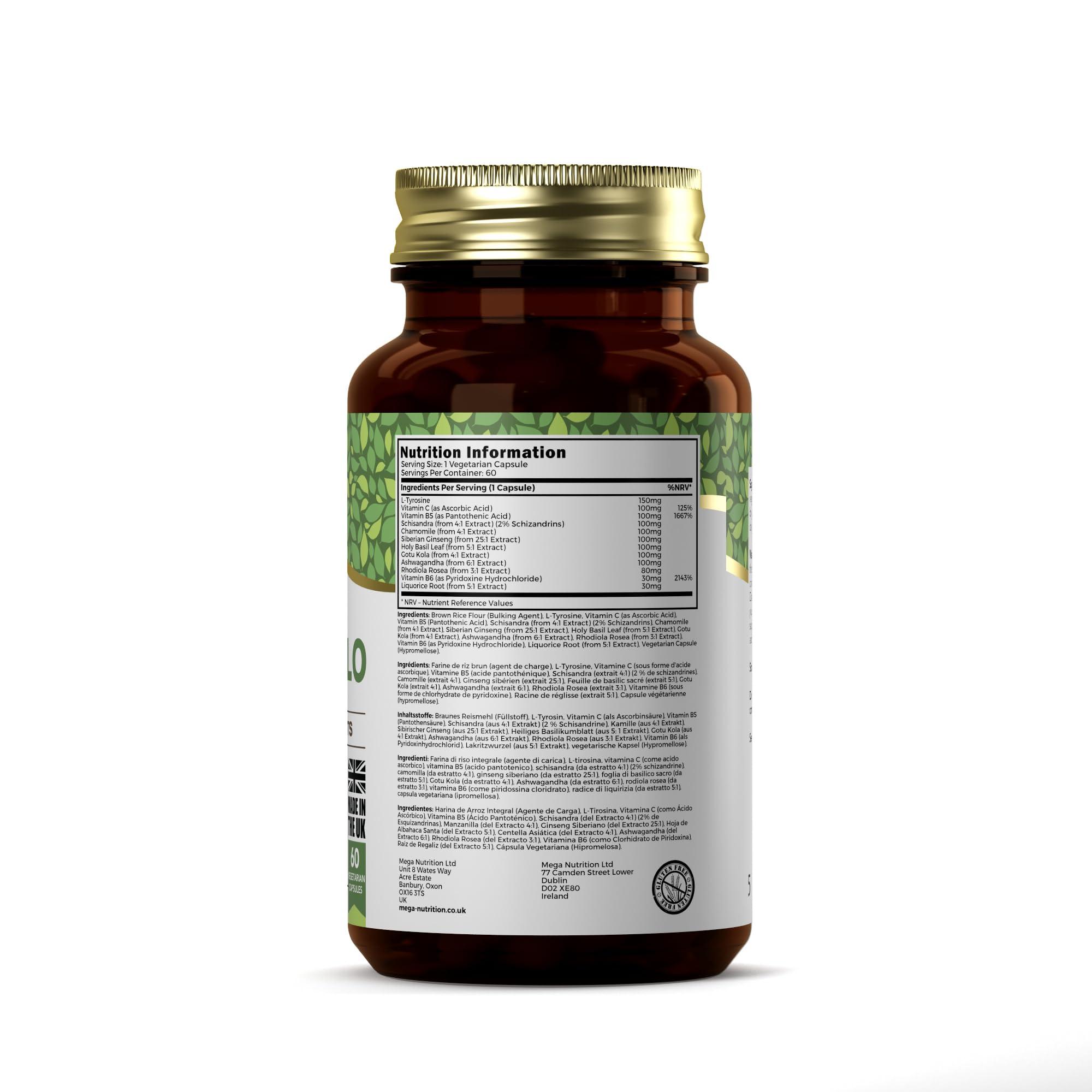 Ezyleaf Nutrition Ezyleaf Adreno-Flo | Ashwagandha Rhodiola Rosea Vitamin C | L Tyrosine Gotu Kola Liquorice Root Pantothenic Acid Ginseng Schisandra | 60 Vegan Capsules | Allergen Free, Non-GMO & UK ISO Certified