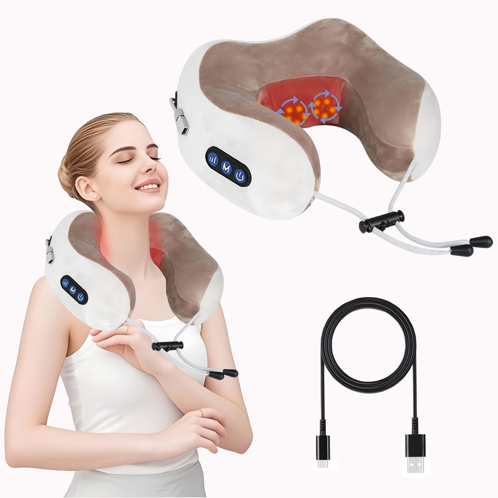 XTRWHZ Neck Massager, Snap-On Neck Massagers Travel U-Shaped Pillow Electric Neck Massage Pillow with 3 Strengths and 3 Modes Deep Tissue Kneading Neck Massager for Neck Pain, for Home and Office