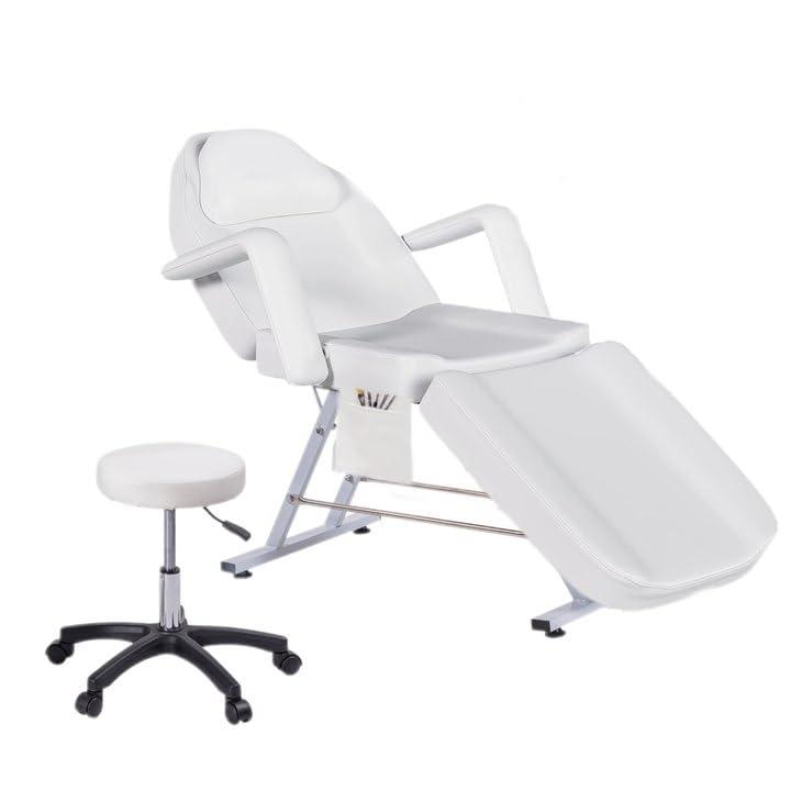 LSBIKE LSBIKE Beauty Bed with Stool and Sheets Adjustable Massage Chair Reclining Salon Bed Lash Chair with Removable Armrests Headrest Massage Table Set for Spa Salon Tattoo Facial (White)