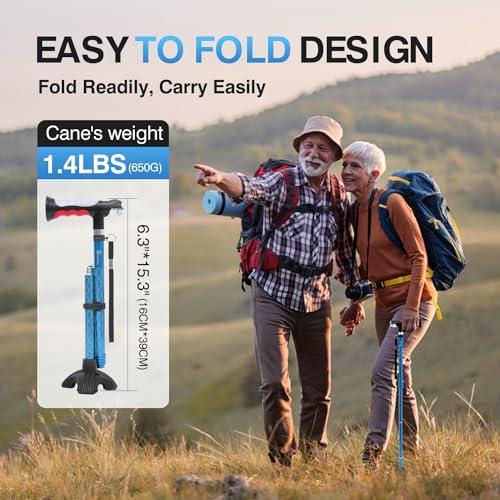 BeneCane BeneCane Walking Cane for Women Folding Cane for Men with Two Led Lights Quad Cane with Stable Base Lightweight and Adjustable Walking Stick (Blue)