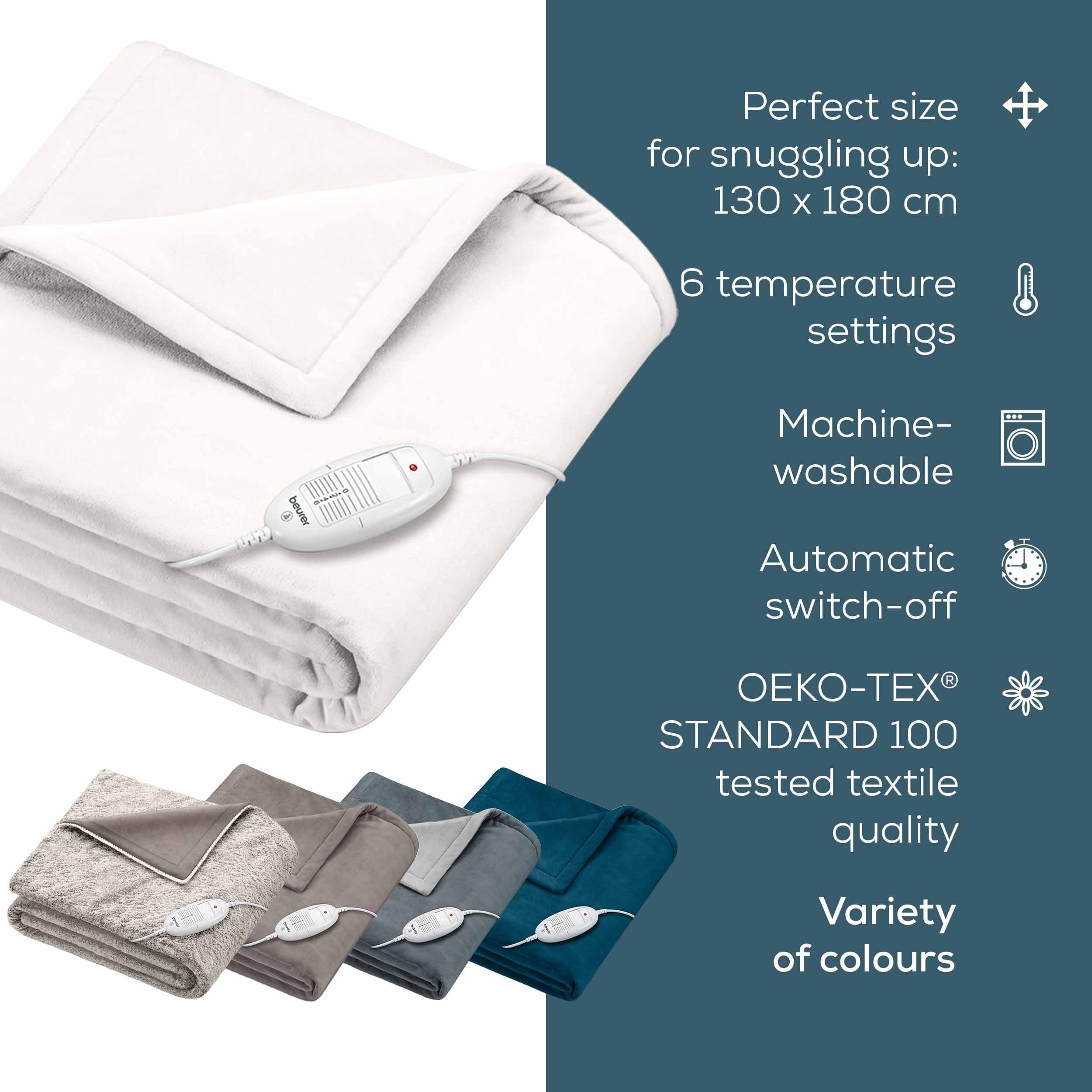 Beurer Beurer HD75UK Electric Throw - White | Breathable Heated Throw for Sofa and Bed | Heating Blanket with Ultra-Soft Fleece Fibres | Automatic Switch-Off | Machine-Washable | 180 x 130 cm