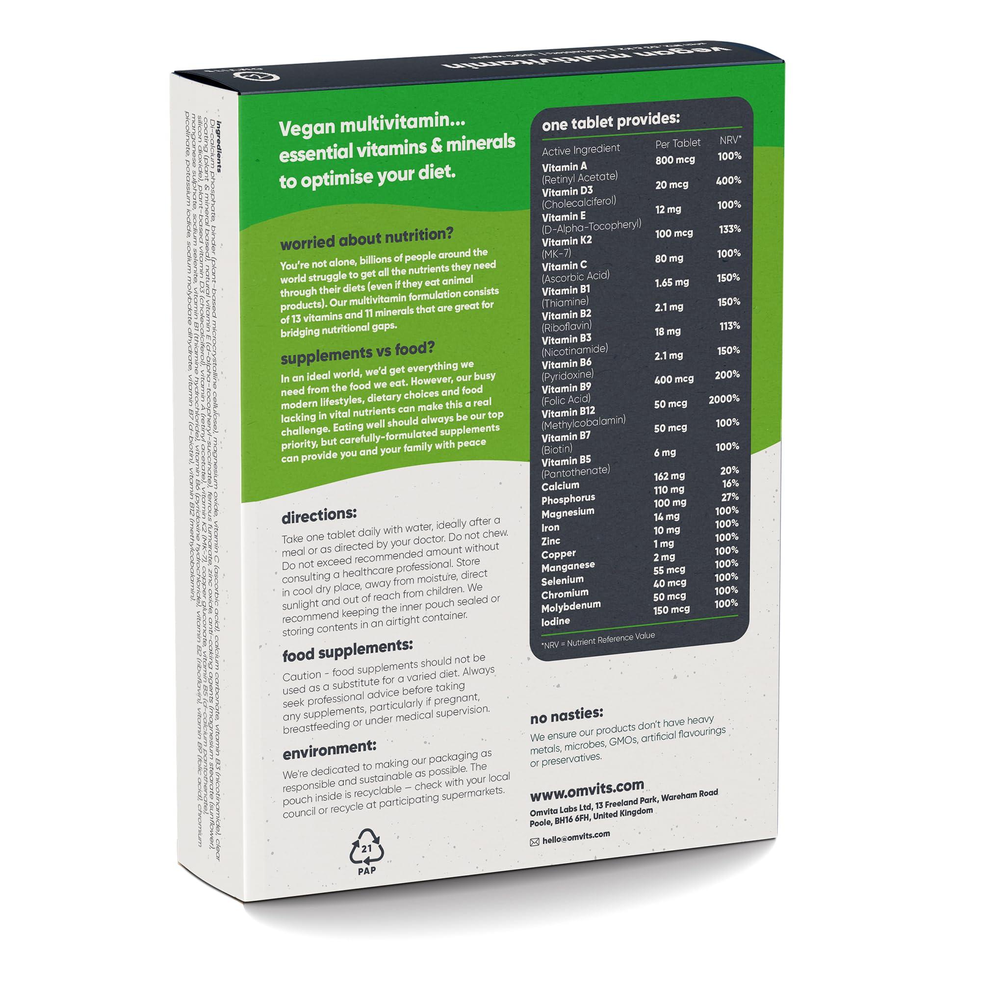 Omvits Vegan Multivitamins & Minerals - with High Strength Vitamin B12, D3, K2 & Iron - 180 Tablets in Low Waste Packaging - 6 Month Supply - Advanced Supplement for Men & Women - Palm Oil & GMO Free