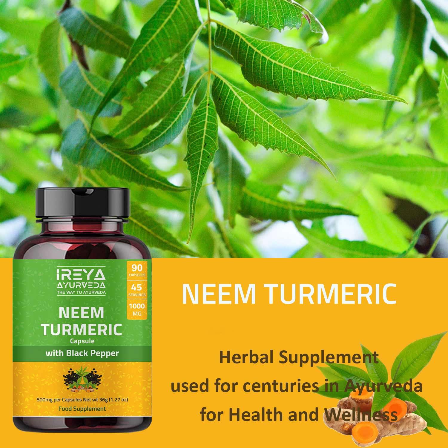 Ireya Ayurveda Neem Turmeric Capsules with Black Pepper Neem Herbal Supplement, Ayurvedic Herbal Cleanser, Detoxification, Enhances skin Health and Immunity (90 Capsules)
