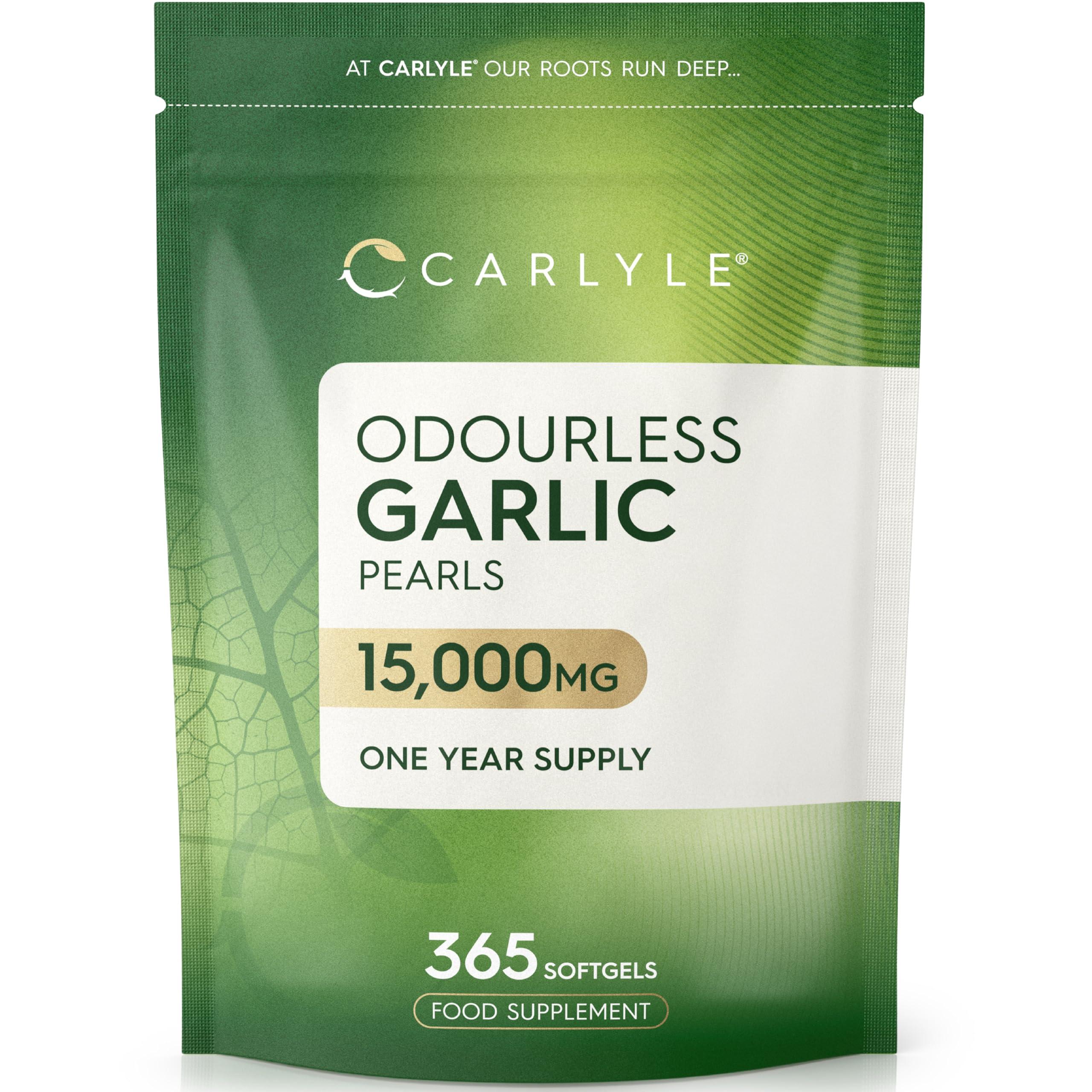 Carlyle Odourless Garlic Capsules 15,000mg | 365 Count (1 Year Supply) | High Strength Garlic Oil Pearls with Allicin | No Artificial Preservatives | by Carlyle
