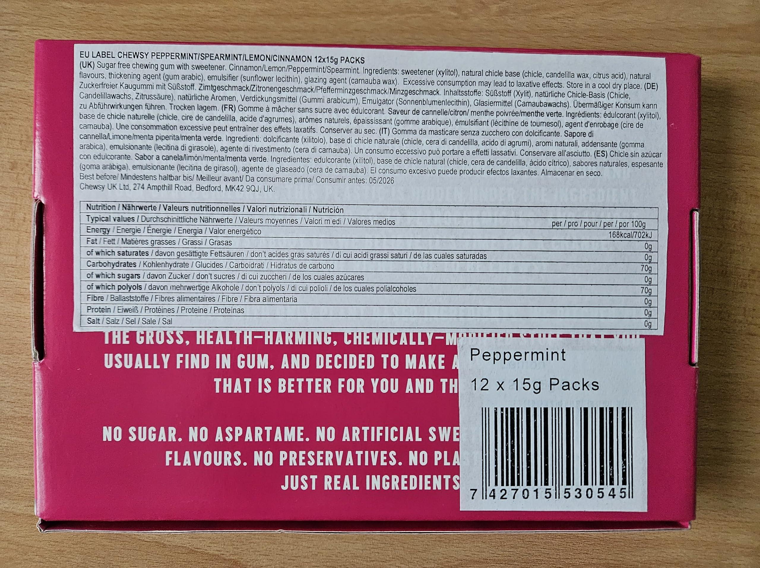 CHEWSY Chewsy Peppermint Plastic Free Gum | Plant Based | Sugar Free | Aspartame-Free | Xylitol | Tooth Friendly | Vegan | Biodegradable | Natural Chewing Gum 12 Packs
