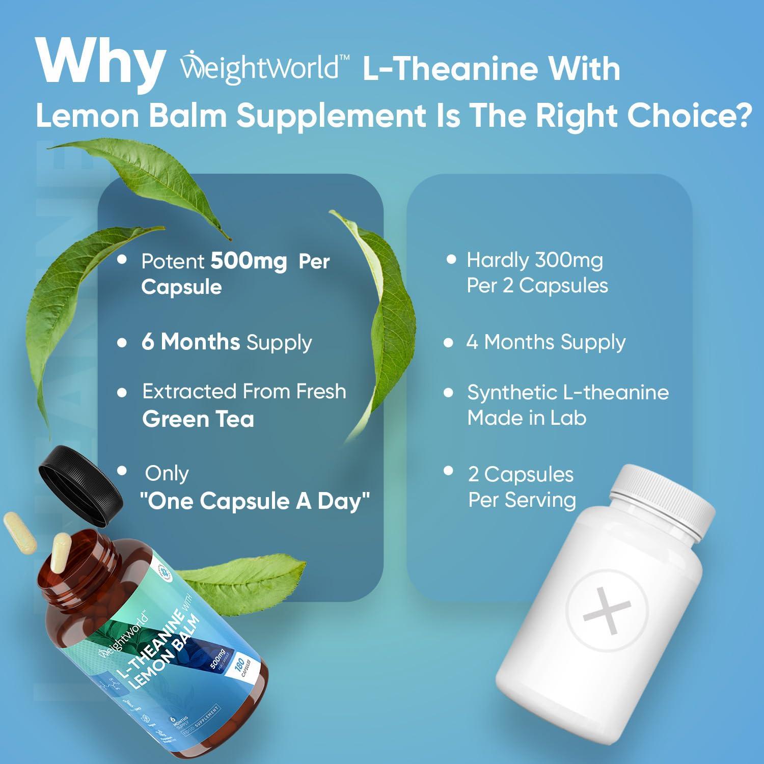 WeightWorld L Theanine with Lemon Balm 500mg - 180 Vegan Capsules - Natural Nootropics L-Theanine Supplements - High Strength L-Theanine Capsules - 6 Months Supply - Alternative to Coffee - Non GMO & Gluten Free