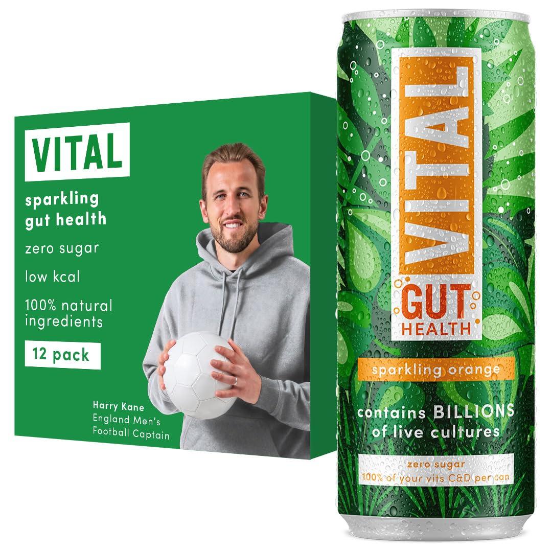 VITAL VITAL Gut Health Drink, Contains Billions of Live Cultures, Contains 100% of Vitamins C and D, Sugar Free, Zero Calories, Orange Flavoured Sparkling Water, Contains 12 x 330ml cans