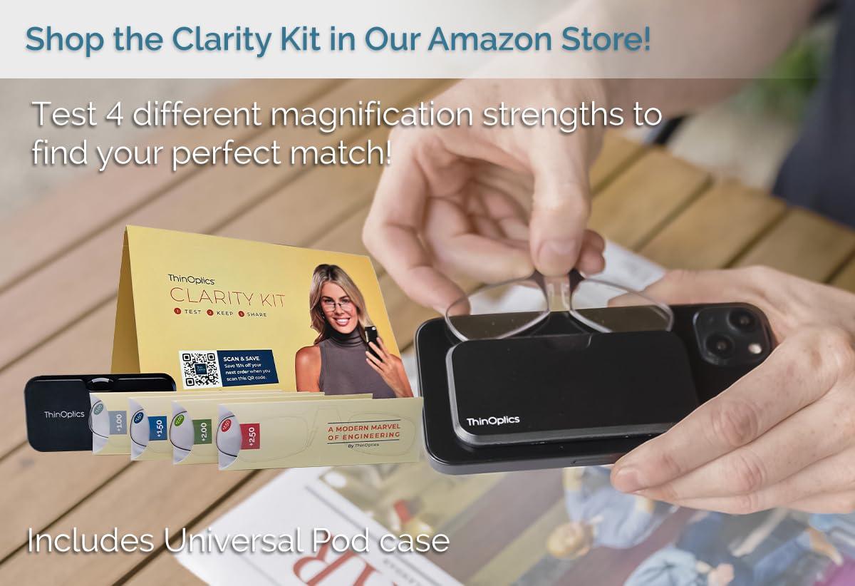 ThinOptics ThinOptics Reading Glasses 1.50 Black Frames with Colour Burst Universal Pod Compact Case - Ultra-light Foldable Rectangular Glasses - Clip-on Nose - 1.50 Strength with Flex-Fit Technology