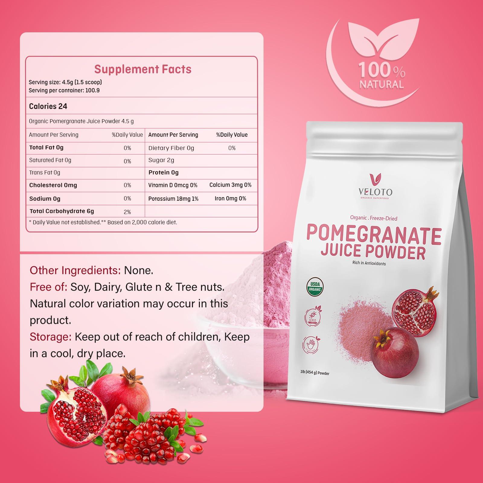 VELOTO Organic Pomegranate Juice Powder, Pure Pomegranate Powder Fruit Freeze Dried Powder, Natural Vitamin C Vegan Sweetener Superfoods for Smoothies, Yogurt & Shake, Gluten Free, Non GMO, 1 lb