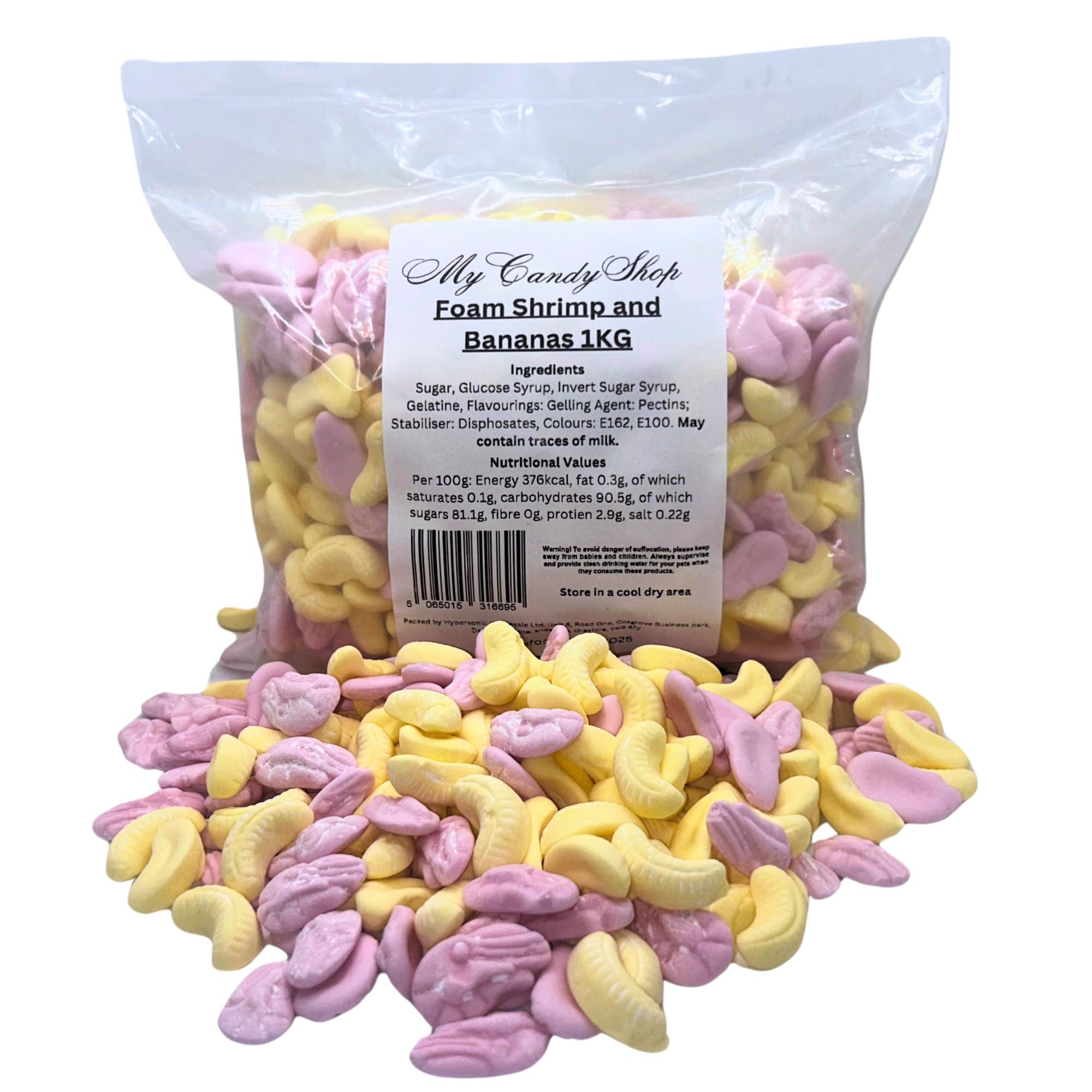 MyCandyShop Original Banana And Shrimp Sweets - Sweets 1kg Bulk Bag - Pick & Mix Shrimps And Bananas Sweets - Retro Sweets, Hygienically Packed in UK for Parties & Sharing