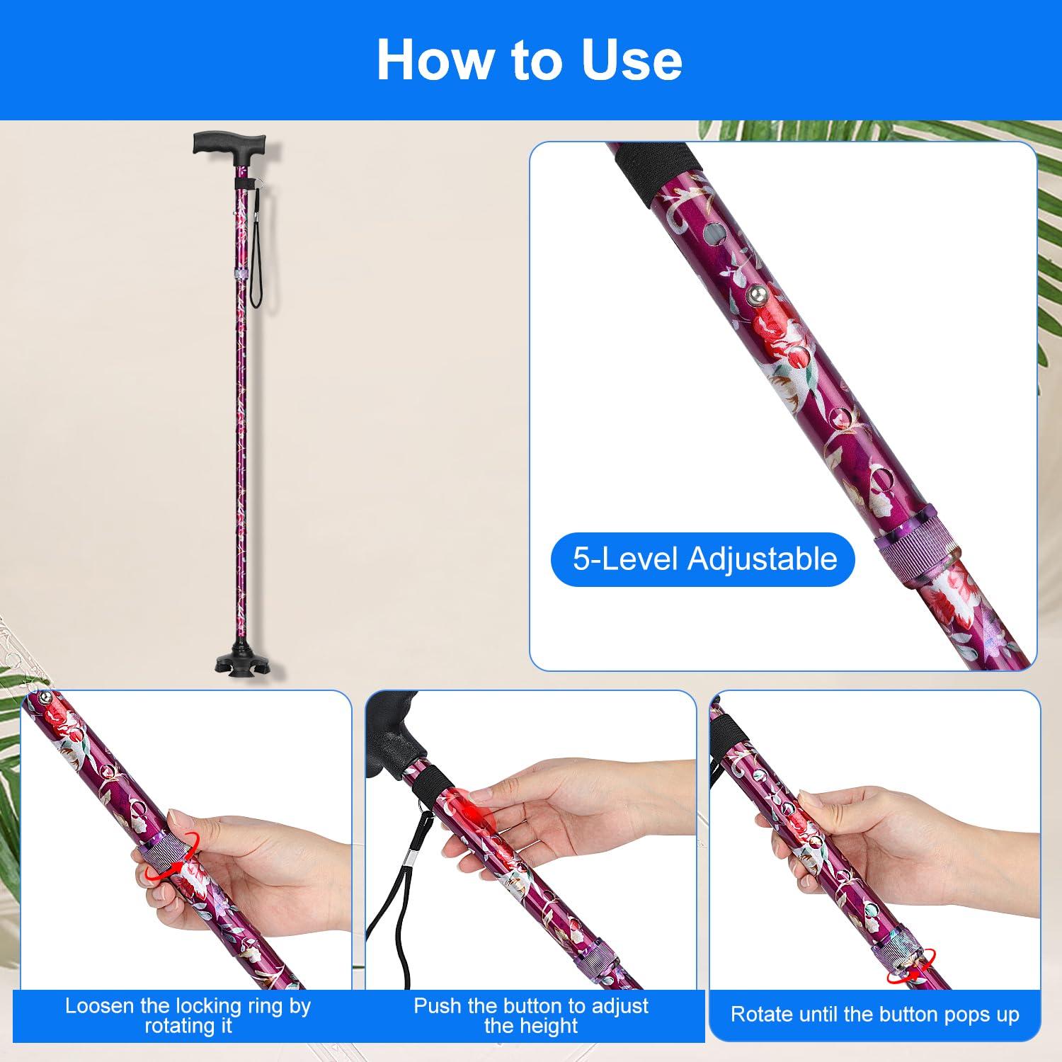supregear supregear Walking Cane for Men and Women - Foldable, Adjustable, Collapsible, Free Standing Cane with Pivot Tip, Heavy Duty Walking Sticks, Sleek Folding Sticks for Seniors and Adults, Floral Purple