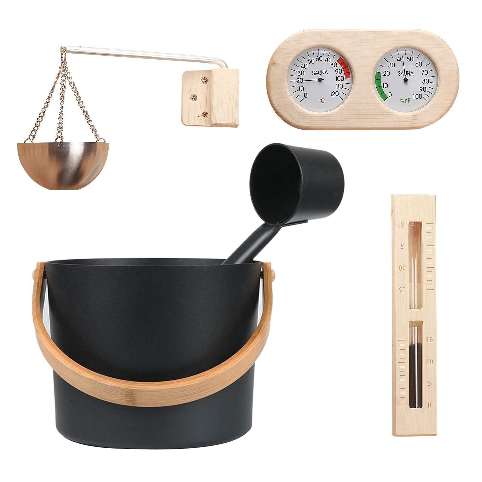 Yiida Sauna Accessory Set, 5 Pieces, 7 L Sauna Bucket, Sauna Accessories, Sauna Bucket with Ladle, Sauna Set with 7 L Sauna Bucket, Hourglass, Thermohygrometer, Sauna Oven, Aluminium Sauna Bucket Set