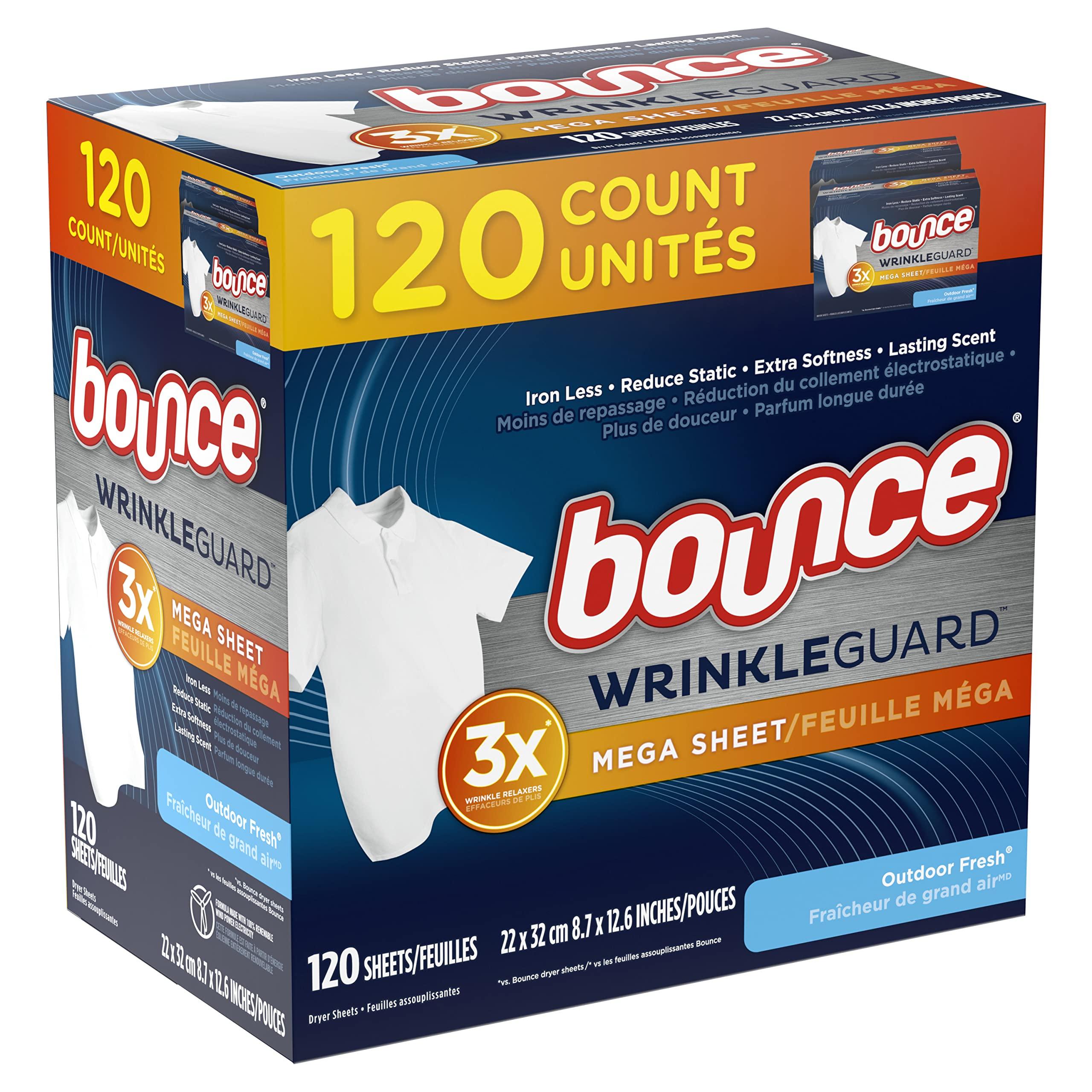 Bounce Bounce WrinkleGuard Mega Dryer Sheets, Fabric Softener and Wrinkle Releaser Sheets, Outdoor Fresh Scent, 120 Count (Pack of 2, 60 Count Each)