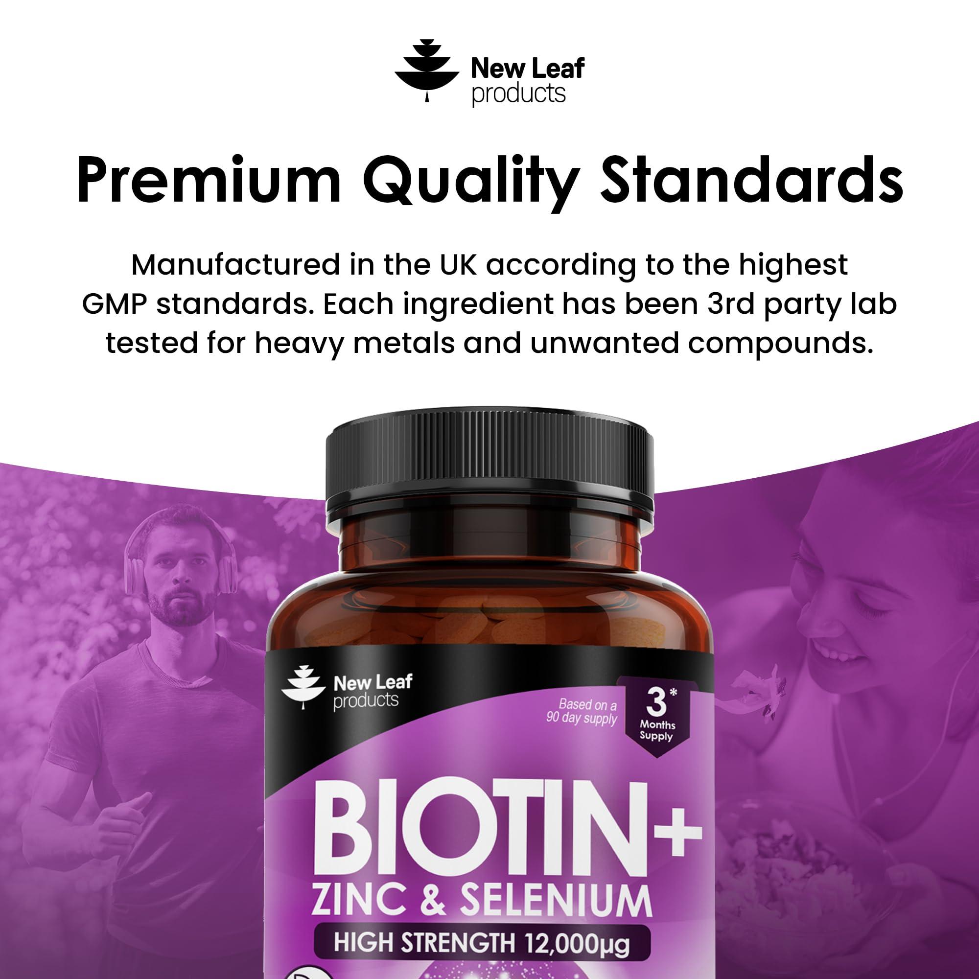 NEW LEAF PRODUCTS Biotin Hair Growth Vitamins 12,000mcg D-Biotin Tablets Enriched with Zinc & Selenium Vegan Hair Skin & Nails Vitamins for Women and Men High Strength Hair Vitamins 6 Months Supply UK Made - New Leaf