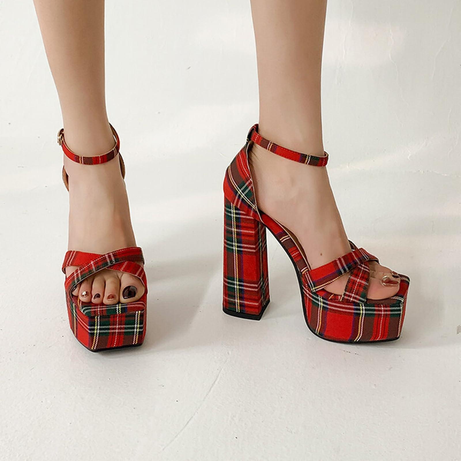 WOkismD WOkismD 14CM Women's Platform High Heel Sandals Fashion Open Toe Square Head Thick Sole Comfortable Sexy Summer Sandals,Red,38