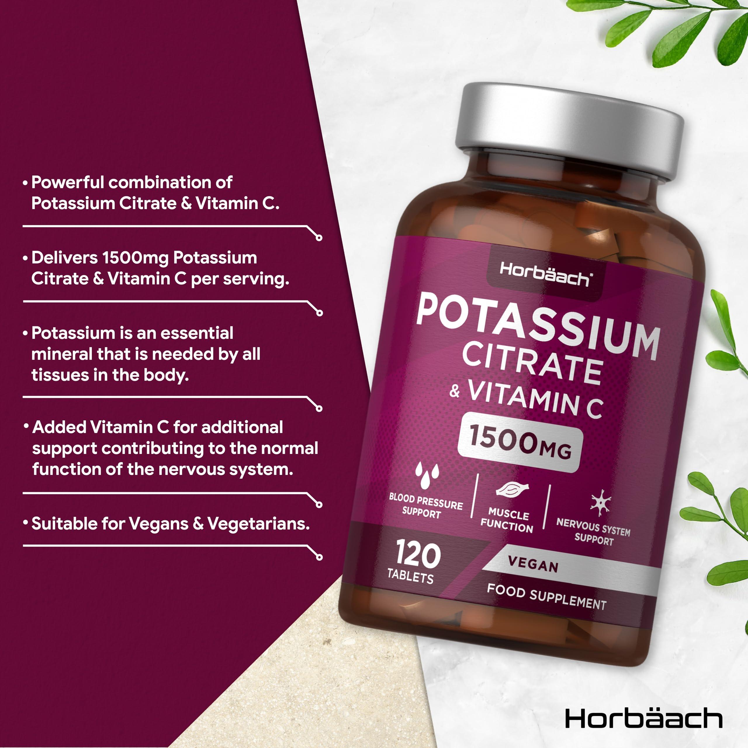 Horbach Potassium Supplement 1500mg with Vitamin C | High Strength Potassium Citrate | Electrolyte Tablets | 120 Count | 100% Vegan | by Horbaach