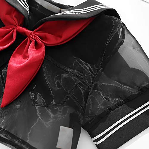 JasmyGirls Kadila Womens School Girl Outfit See Through Lingerie Set Anime Cosplay Costume Sailor Shirt Pleated Mini Skirt Underwear Black