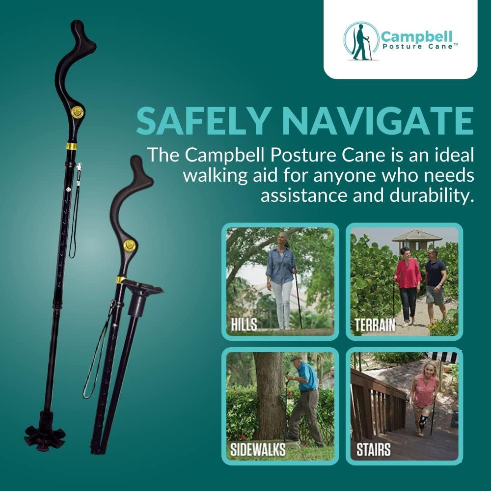 Posture Cane Campbell Posture Cane | Walking Cane for Men Women | Mobility Device Portable Lightweight Adjustable Self-Standing Folding Collapsible Hand Walking Stick 10 Height Adjustment 360 Traction Tip