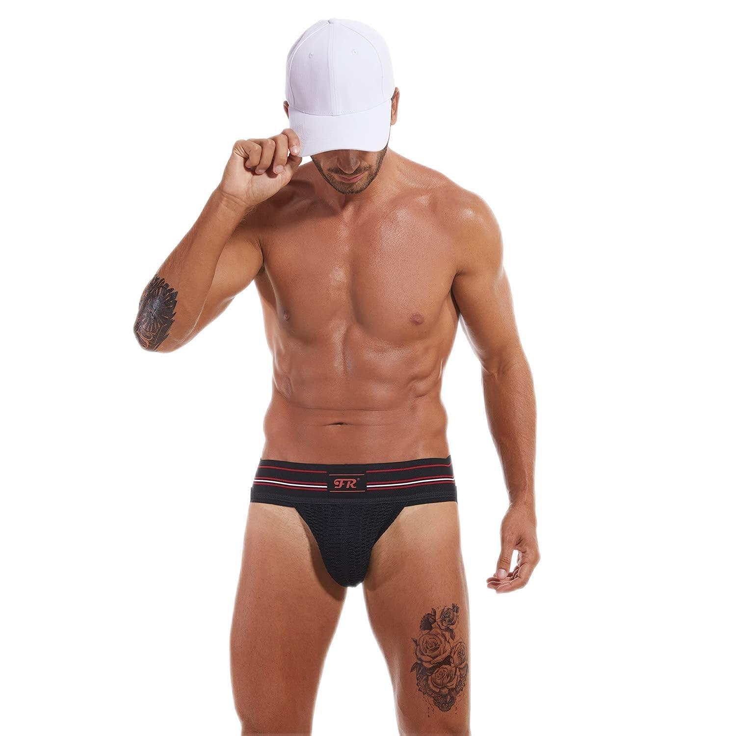 F plus R F plus R Mens Strip Waistband Athletic Supporter Jockstrap Sexy Swimwear - Black - Large
