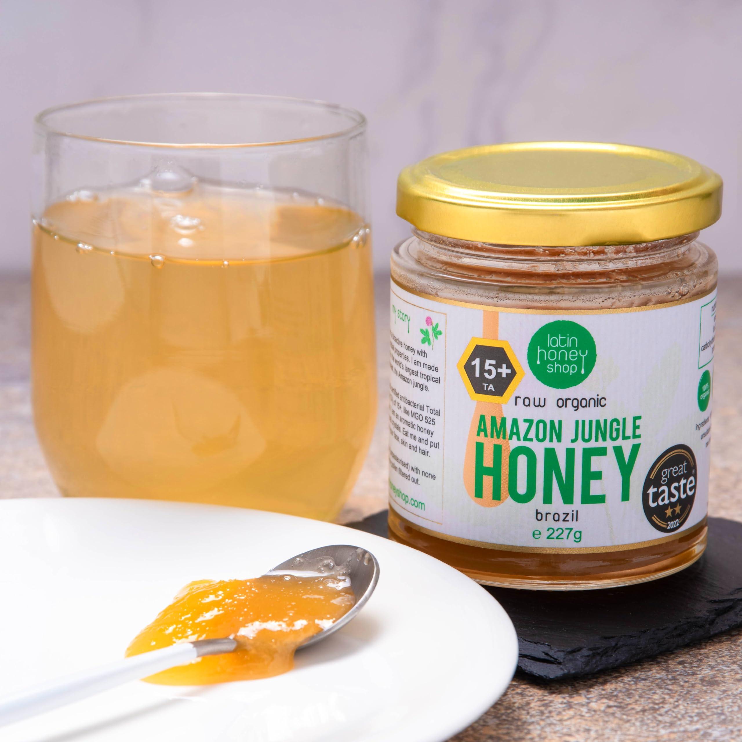 Latin Honey Shop 15+ Active Raw Organic Amazon Jungle Honey Brazil, 227g. Equal to 15+ Manuka. Certified Organic. 2-Star Great Taste Award. Unpasteurised Crystallised Set with Enzymes and Pollen - Latin Honey Shop