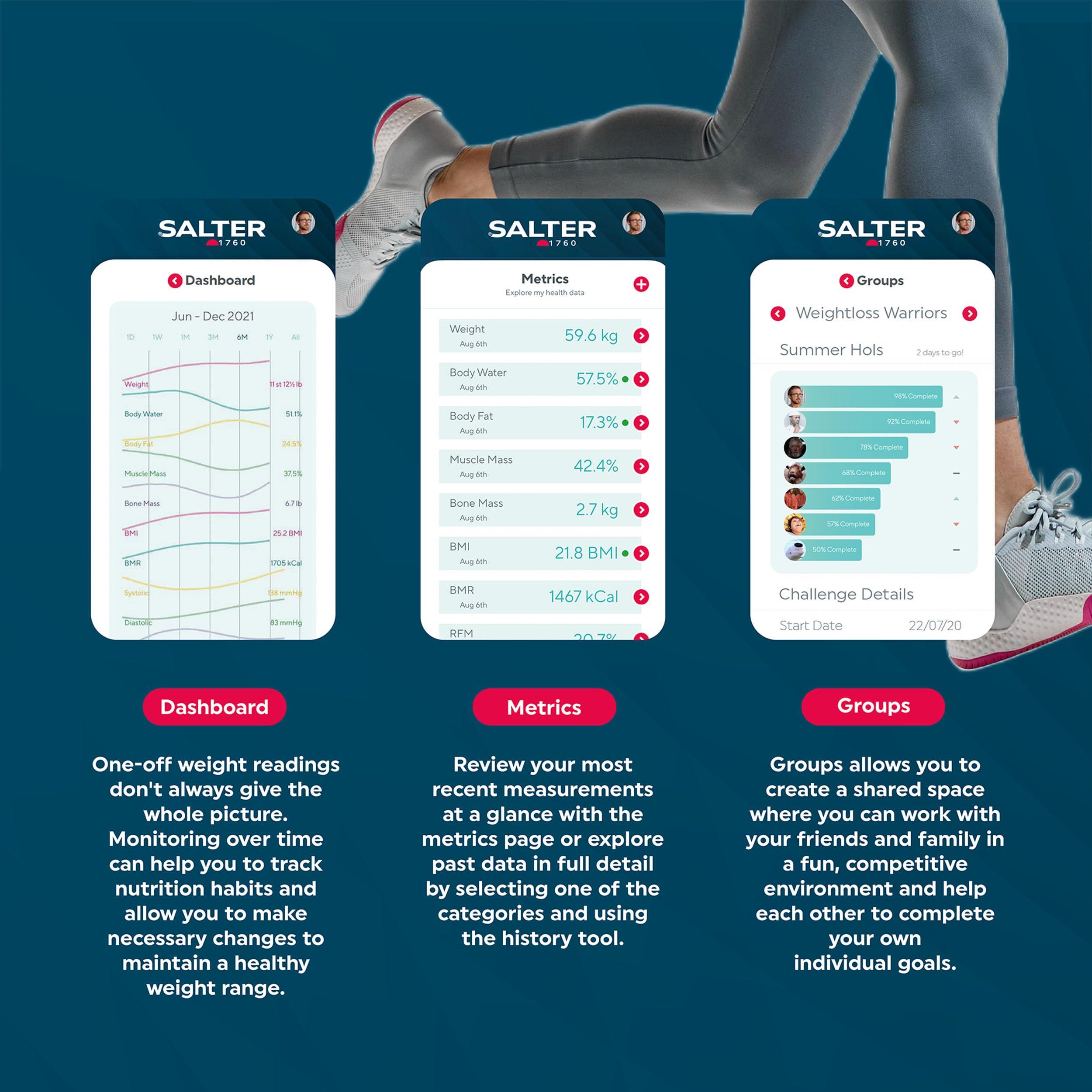 Salter Salter SA00432GFEU6 Bathroom Smart Scale Bluetooth Digital Scale, 200kg, Measure Weight, Body Fat/Water, Muscle/Bone Mass, BMI/BMR, 8 User Memory, Connect to Phone with Free Salter Health App, Grey