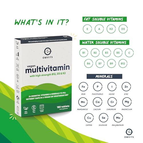 Omvits Vegan Multivitamins & Minerals - with High Strength Vitamin B12, D3, K2 & Iron - 180 Tablets in Low Waste Packaging - 6 Month Supply - Advanced Supplement for Men & Women - Palm Oil & GMO Free