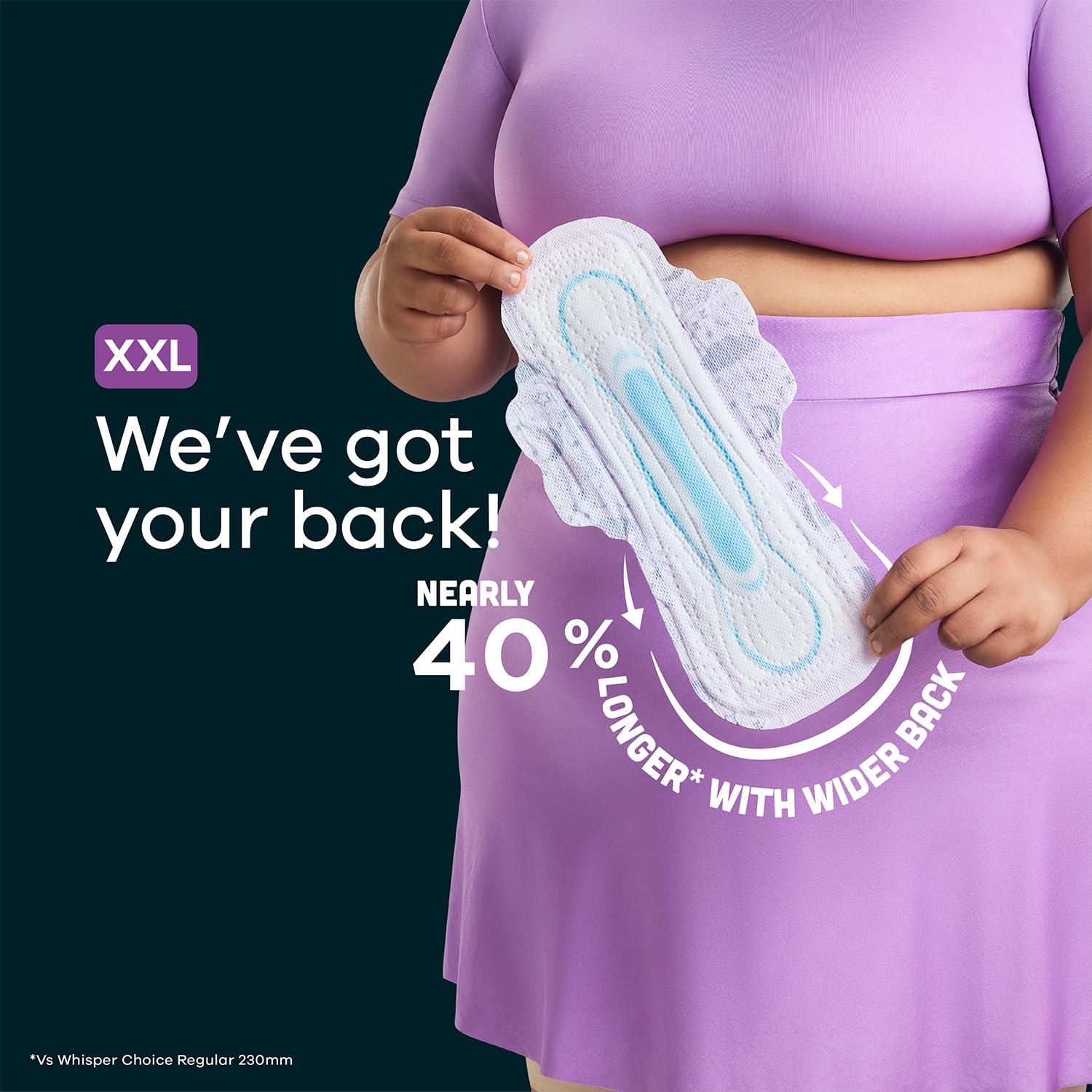 Whisper WHISPER BINDAZZZ NIGHTS SANITARY PADS, 45 XL+ PADS, UPTO 0% LEAKS ALL NIGHT LONG, FOR HEAVY FLOW, 40% LONGER & WIDER BACK, COMFORTABLE CUSHIONY SOFT WINGS, DISPOSABLE WRAPPER