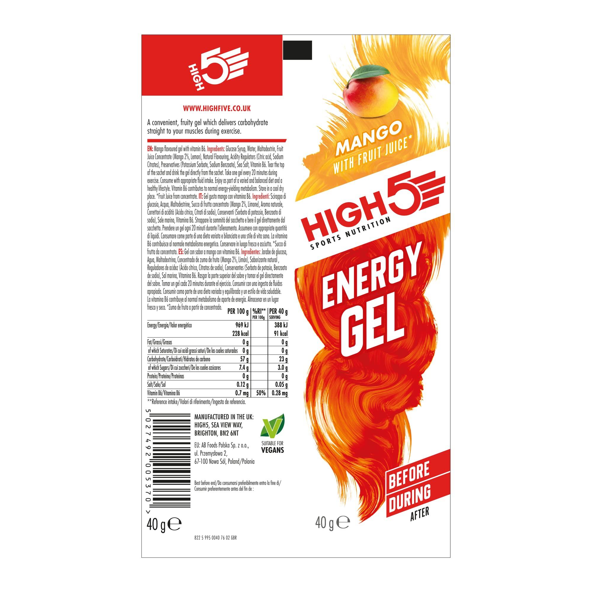 HIGH5 HIGH5 Energy Gels - Quick Release Sports Gels to Power Muscles for Peak Performance - Natural Fruit Juice & Caffeine-Free - On The Go Energy Boost for Running, Cycling and Endurance (Mango, 20 x 40g)