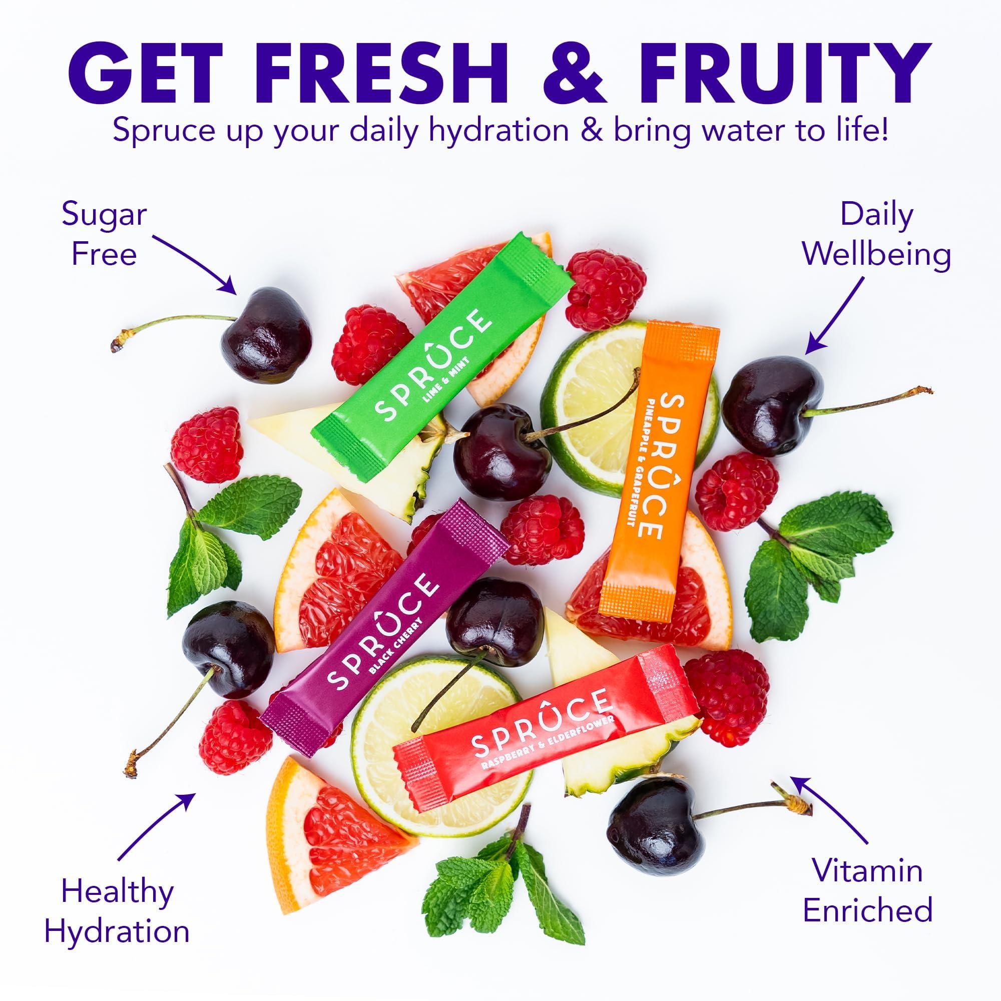 Spruce Spruce Water Flavouring & Enhancer Sugar-Free Hydration Powder with Vitamins Natural Raspberry & Elderflower and Black Cherry Flavour, Real Fruit Concentrate 2 Flavours - 24 Sachets