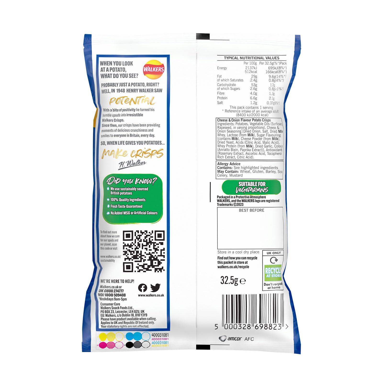 Generic Walkers Crisps Cheese Onion Snack Pack Lunch 32 Bags x 32.5g