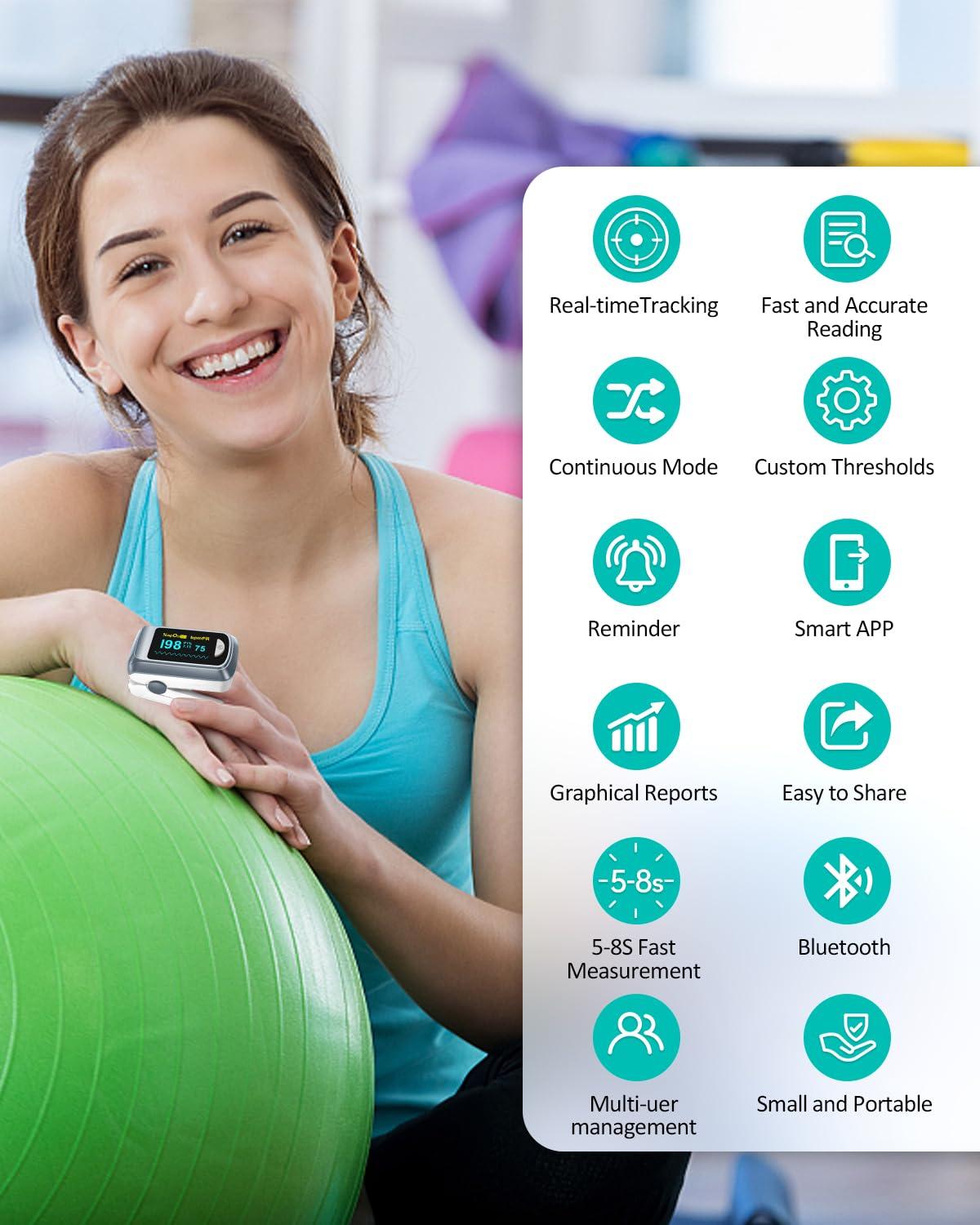 HealthTree Pulse Oximeter HealthTree Oxygen Monitor Fingertip, Bluetooth Pulse Ox with Free APP, O2 Pulse Oximeter Finger and Heart Rate Monitor, 2 X AAA Batteries, Lanyard