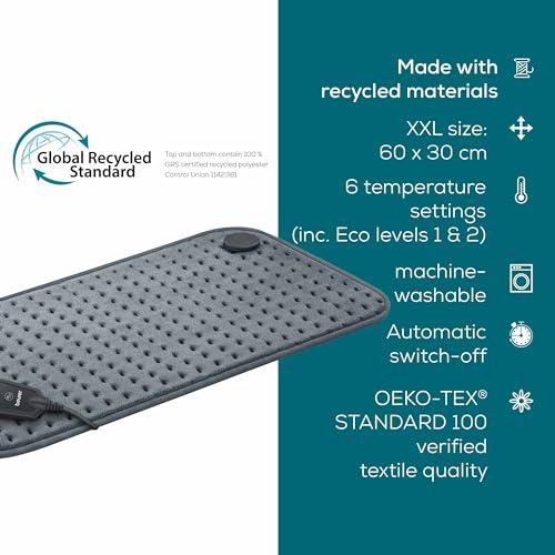 Beurer Beurer HK123 Green Planet Heating Pad, Made in Europe, Top and Bottom Made from 100% Recycled Material, Cuddly Soft, 60 x 30 cm, 6 Temperature Levels and Automatic Shut-Off, Machine Washable, Grey
