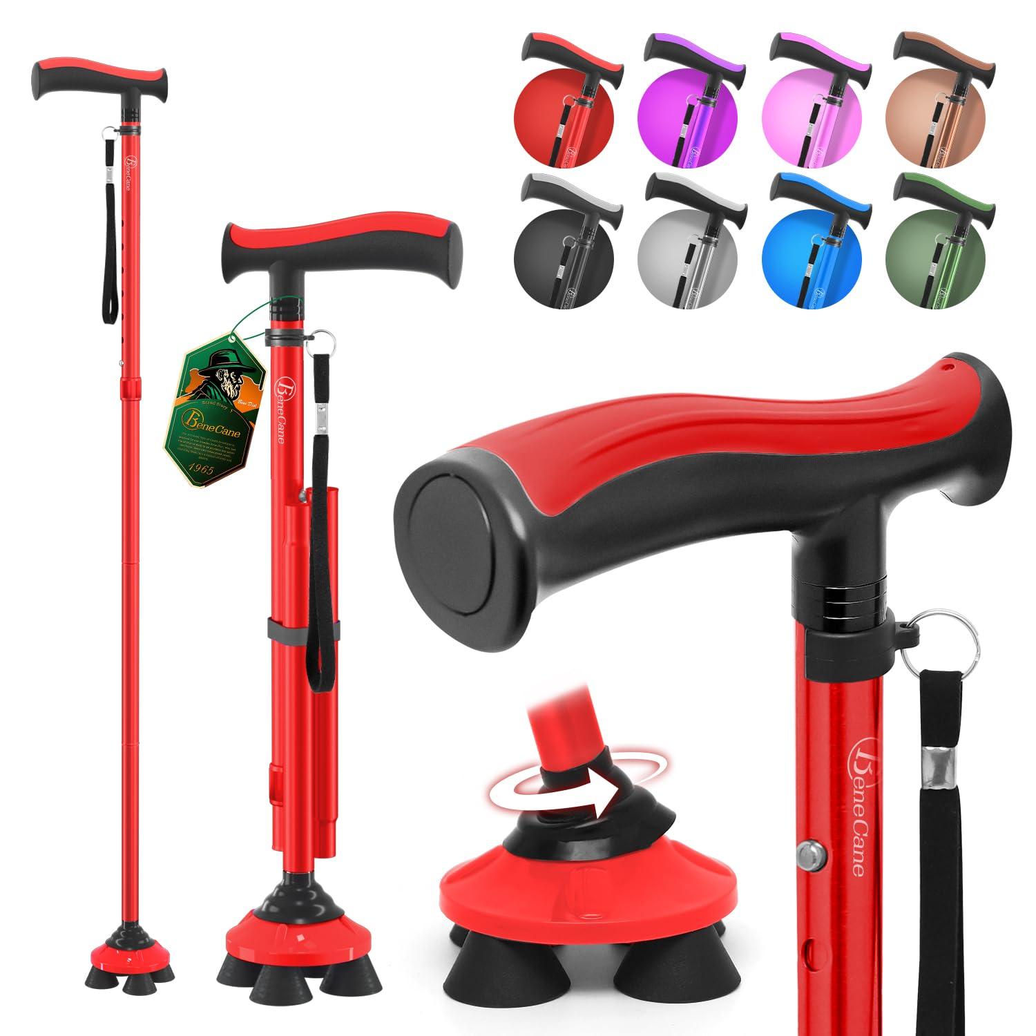 BeneCane BeneCane Walking Cane for Men & Women Walking Stick for Seniors Folding Canes Quad Cane Adjustable Lightweight Sturdy Free Standing Collapsible Heavy Duty with Soft TPR T-Handle and Travel Bag