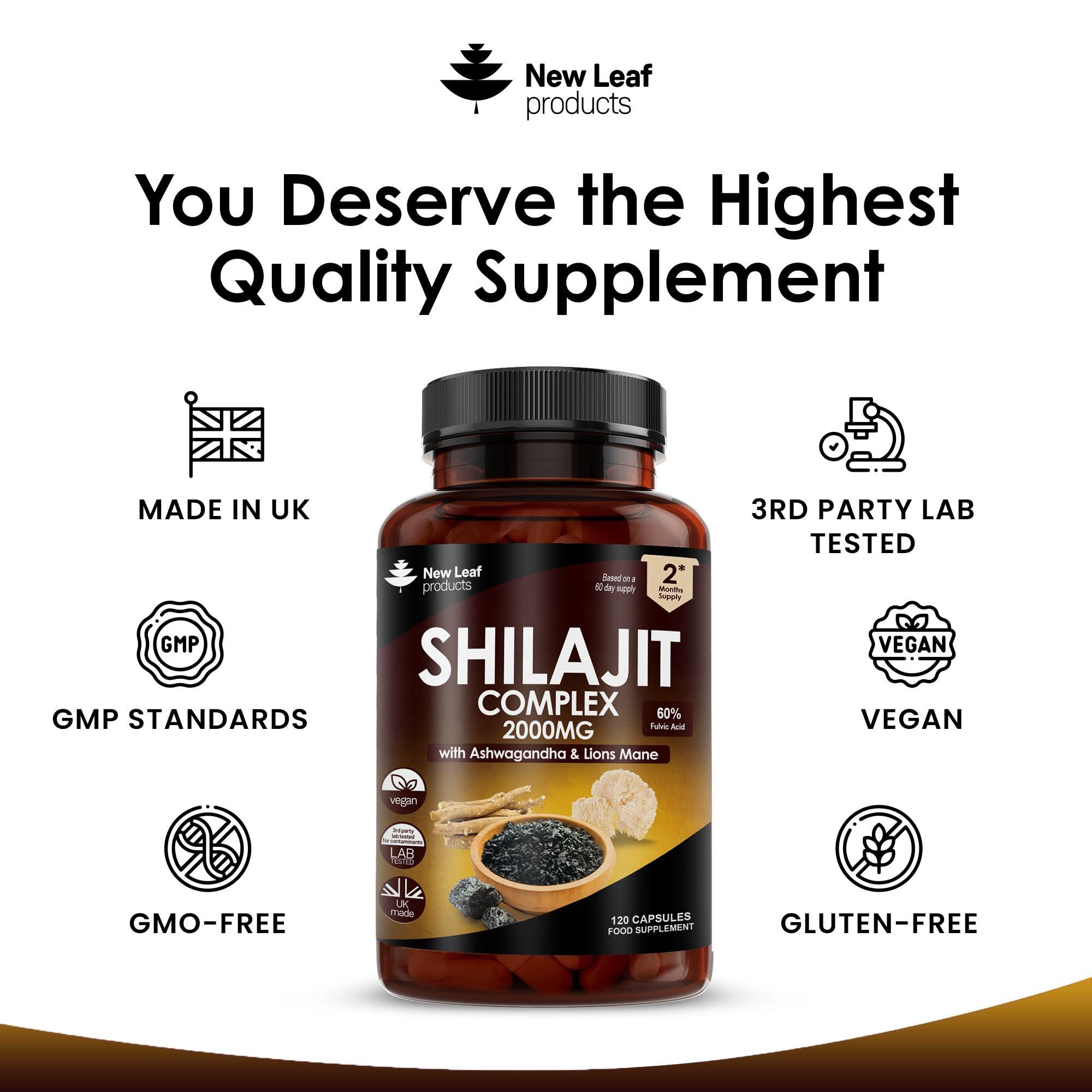 NEW LEAF PRODUCTS Shilajit Complex - Himilayan Shilajit enriched with Ashwagandha & Lions Mane, High Strength 2000mg Shilajit Complex Capsules with 60% Fulvic Acid - 2 Months Supply Made in The UK by New Leaf