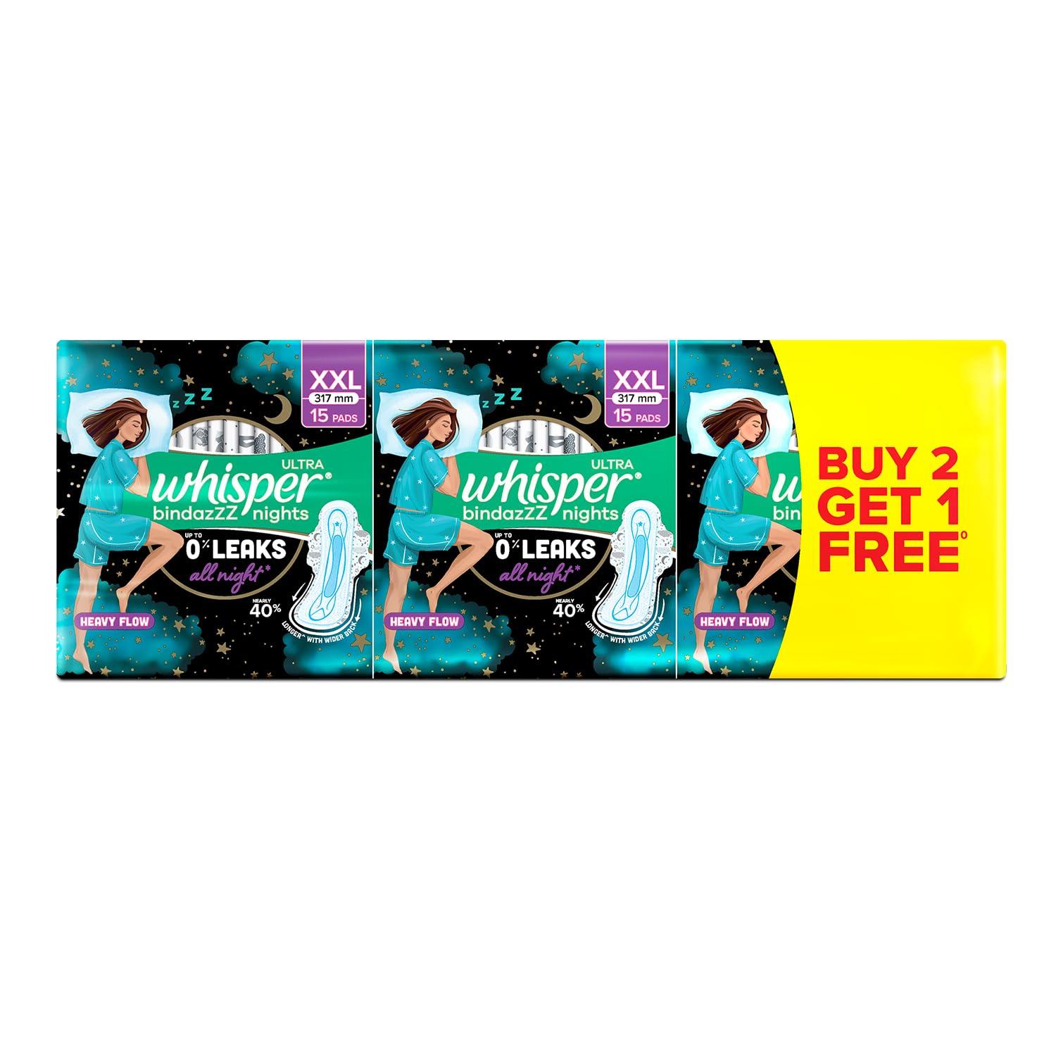 Whisper WHISPER BINDAZZZ NIGHTS SANITARY PADS, 45 XL+ PADS, UPTO 0% LEAKS ALL NIGHT LONG, FOR HEAVY FLOW, 40% LONGER & WIDER BACK, COMFORTABLE CUSHIONY SOFT WINGS, DISPOSABLE WRAPPER