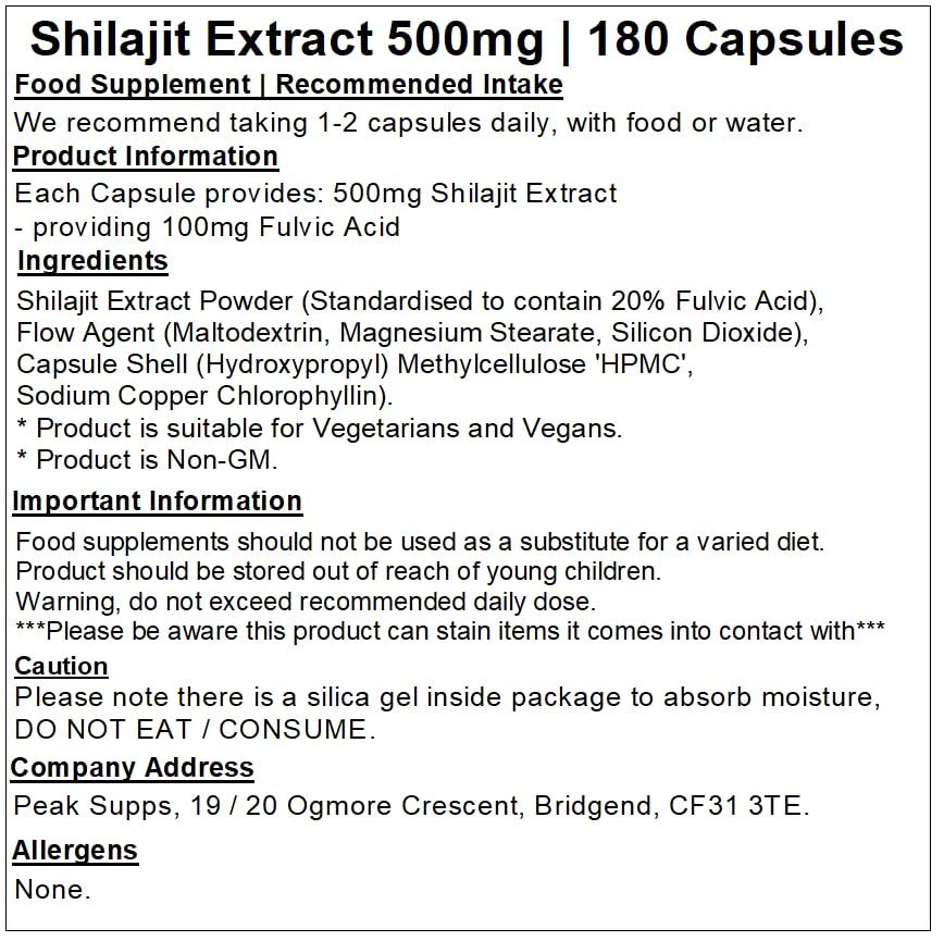 Peak Supps Shilajit 450mg Extract - 180 Capsules | Ayurveda