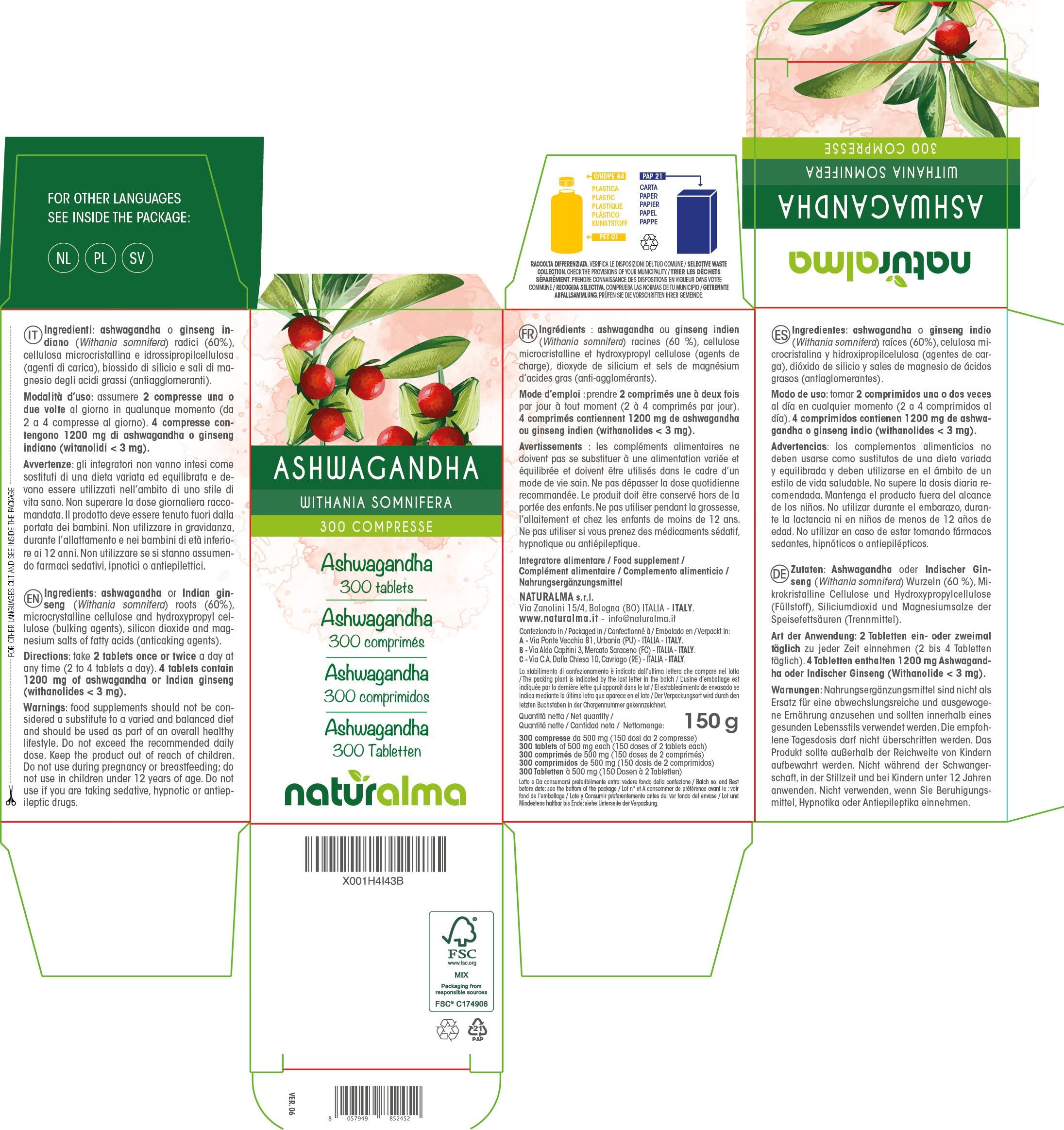 Naturalma Ashwagandha or Indian Ginseng (Withania somnifera) Roots Naturalma - 150 g - 300 Tablets - Food Supplement - Natural and Vegan